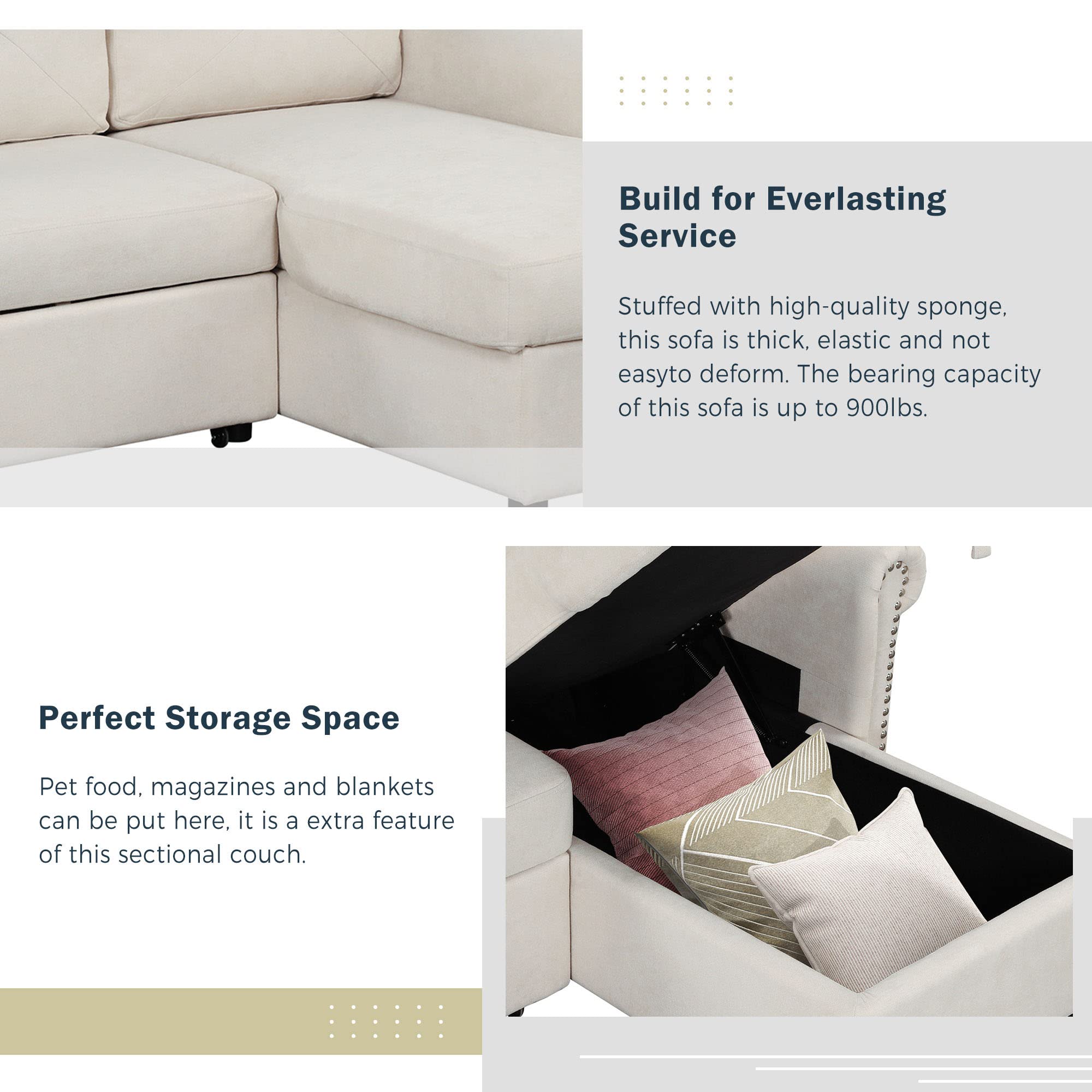 P PURLOVE Convertible Sectional Sofa Bed - 3-Seater L-Shaped Sleeper Couch with Storage Chaise & Pull-Out Mechanism | Modern Living Room Furniture Set (Beige) | Perfect for Small Spaces, Guest Rooms & Apartments