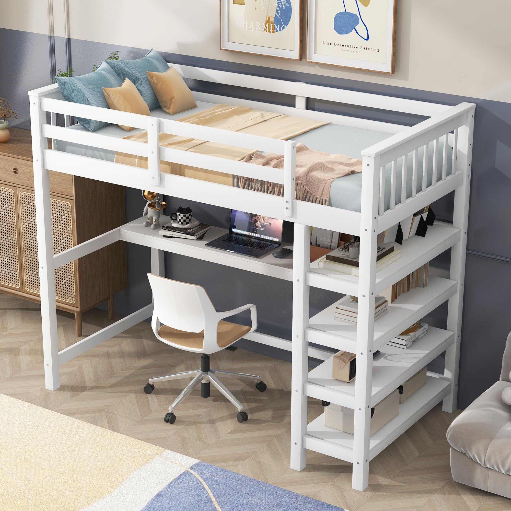 Merax Twin Size Wood Loft Bed with Built-in Desk & 4 Storage Shelves - Solid White Wooden Study Bed for Small Spaces, Dorm Rooms & Kids Bedrooms