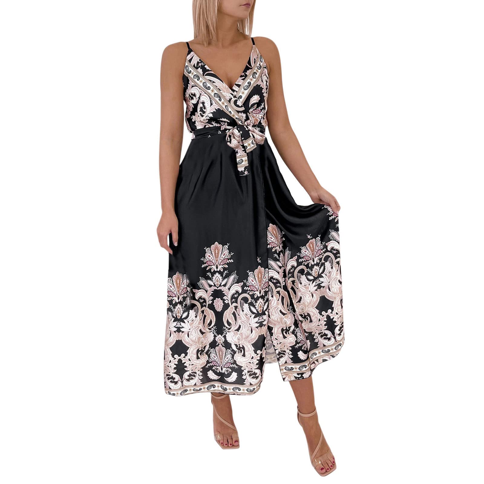KKJJ Women's Sexy V-Neck Spaghetti Strap Long Shirt Dress - Summer Party High Slit Maxi Dress for Casual Outings & Beach Vacations