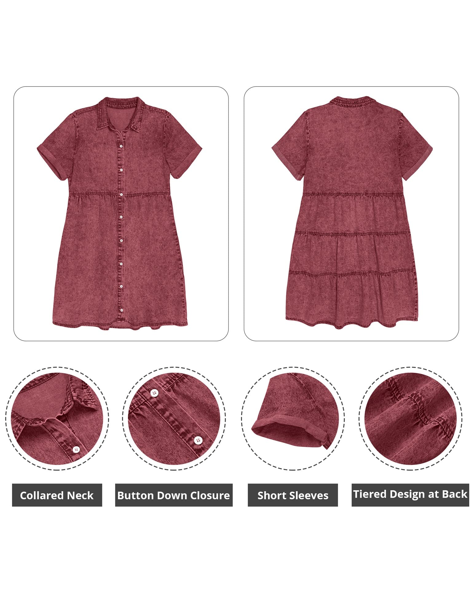 GRAPENT Women's Denim Babydoll Dress - Tiered Short Sleeve Button Down Jean Shirt Dress for Casual Wear, Date Night & Summer Outfits