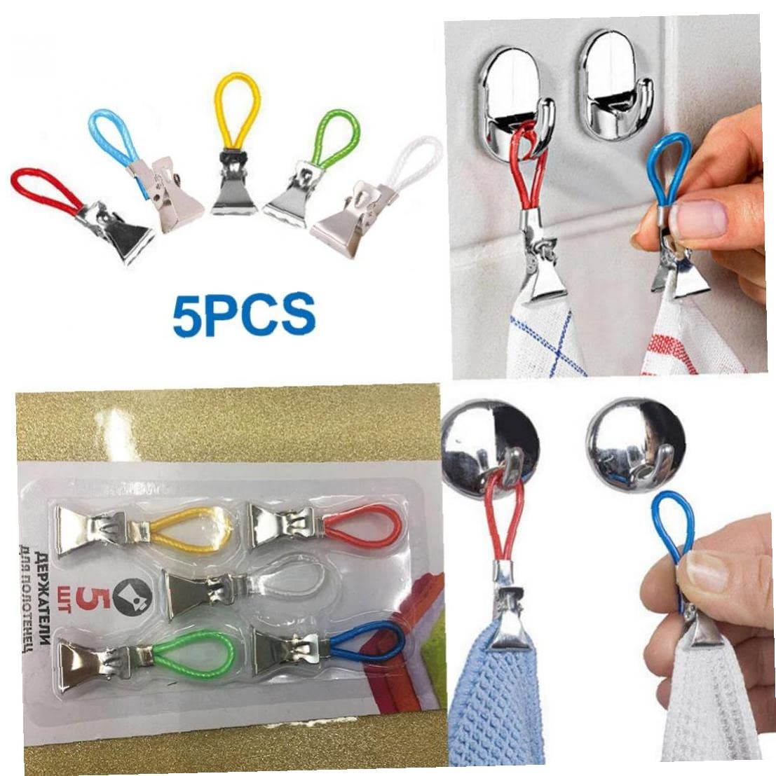 5-Pack Towel Clips - Heavy Duty Tea Towel Holder Clips for Kitchen, Bathroom & Cupboards - Durable Hanging Cloth Hook Hangers - Perfect for Organizing Towels, Aprons & Dishcloths (Ideal for Home & RV Use)