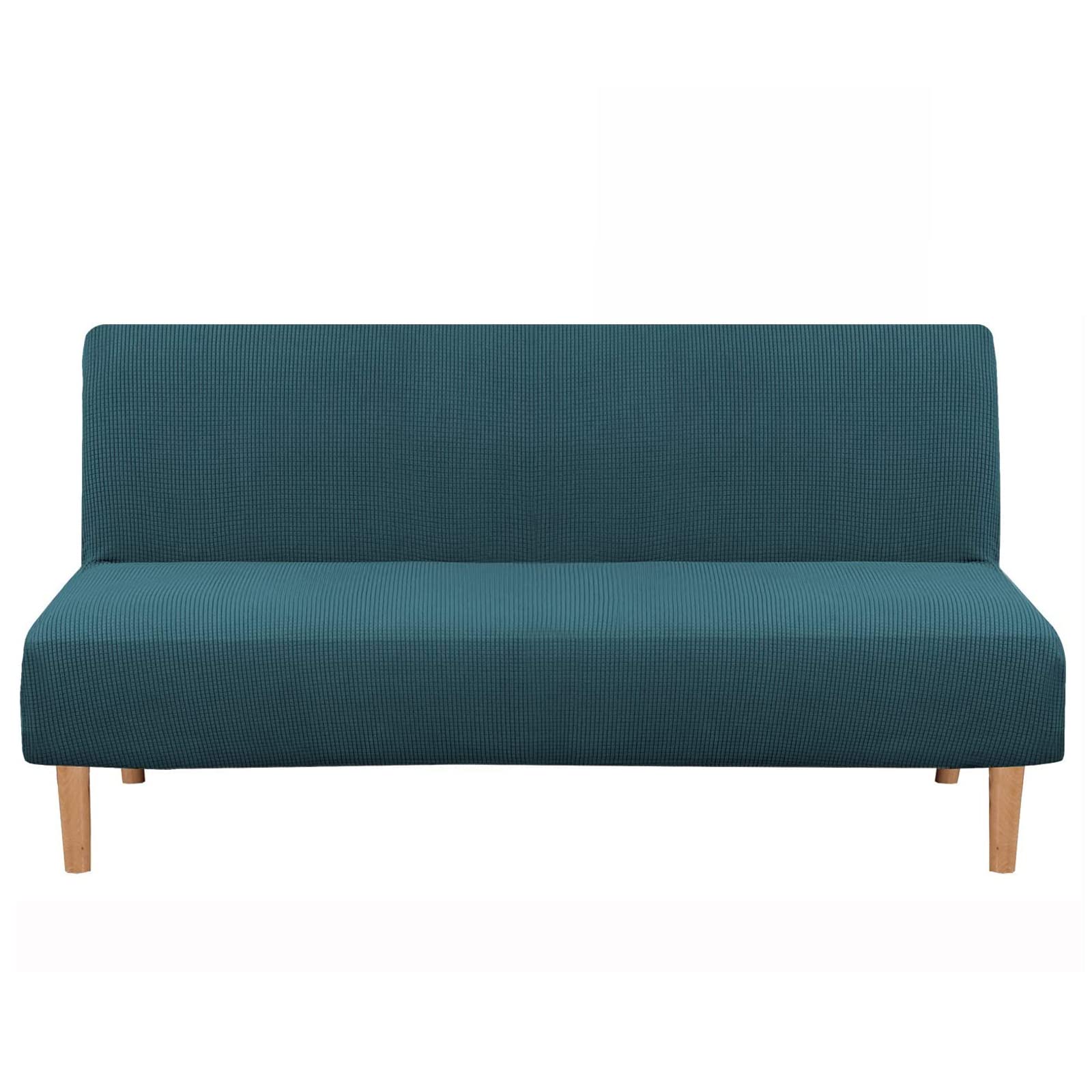 Elastic Stretch Sofa Slipcover for Armless Futon - Thick Jacquard Checkered Pattern with Secure Bottom - Peacock Blue Futon Cover for Kids & Adults (Size L) - Perfect for Living Rooms, Dorms, and Home Decor