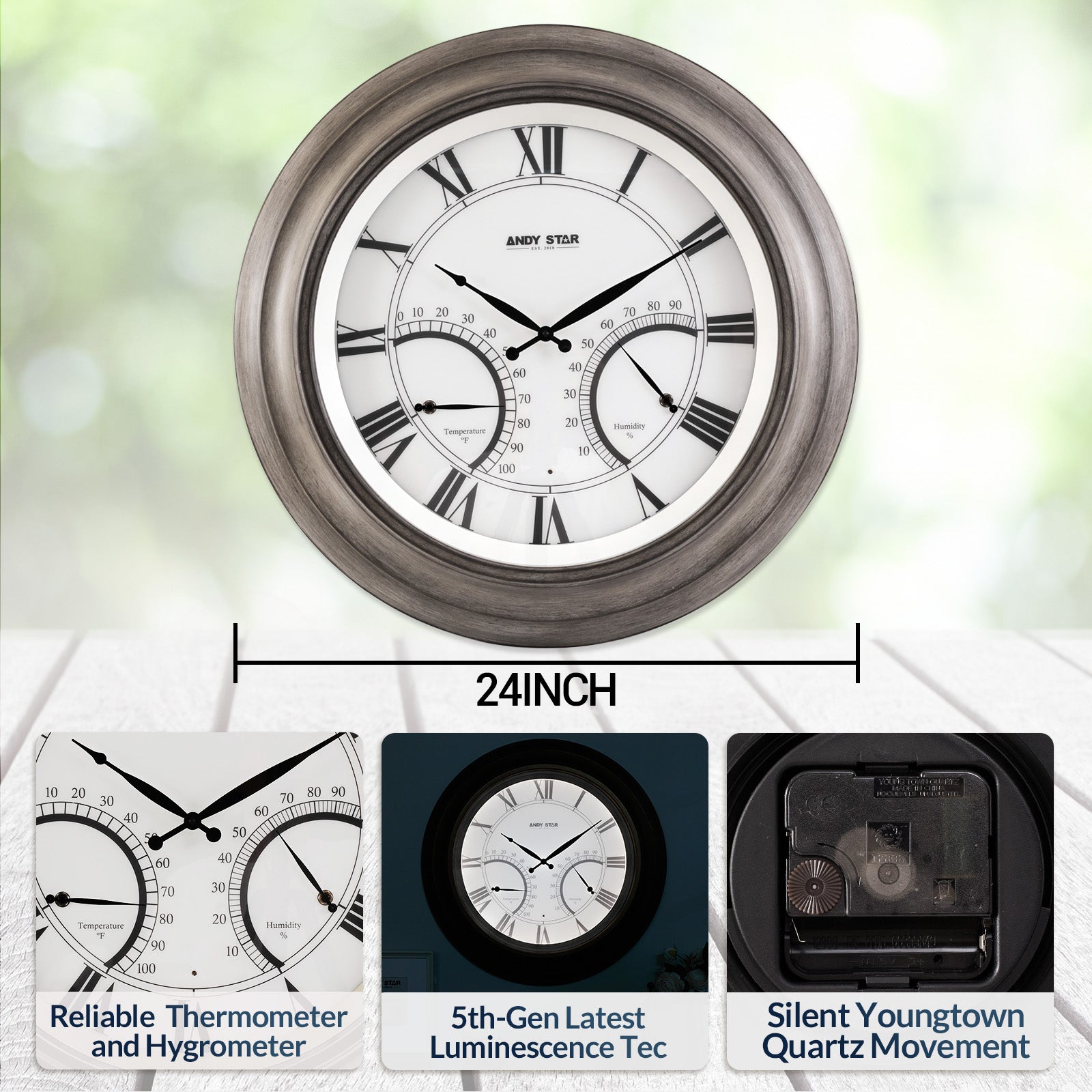 24 Inch Large Outdoor Wall Clock with Thermometer - Waterproof, Illuminated, Contemporary Design - Perfect for Patio, Garden, Backyard, and Deck Decor