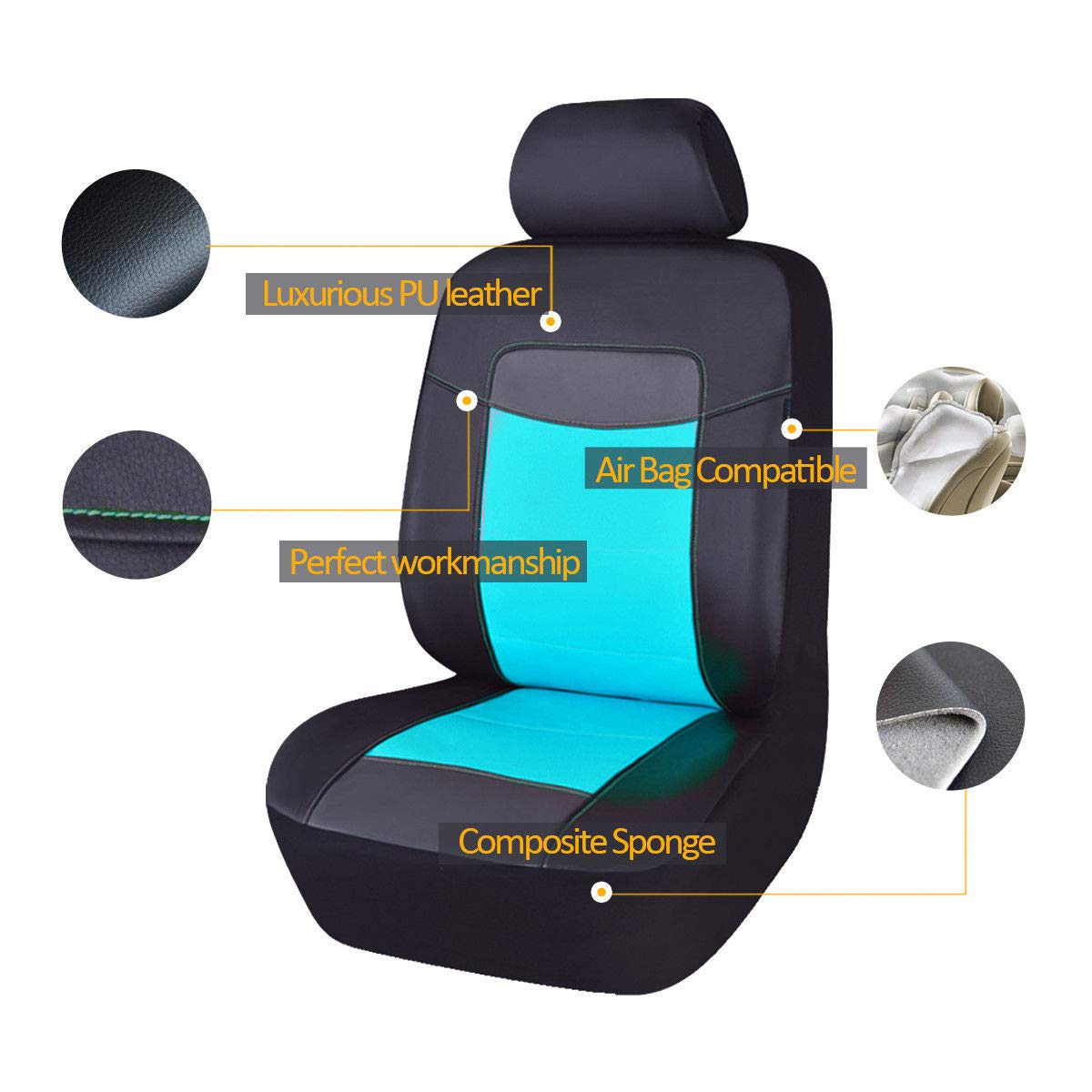 Premium 6-Piece Leather Car Seat Covers for Front Seats - Waterproof Black with Blue Accents | Universal Fit for Cars, SUVs & Trucks | Protect Seats from Spills, Pets & Wear