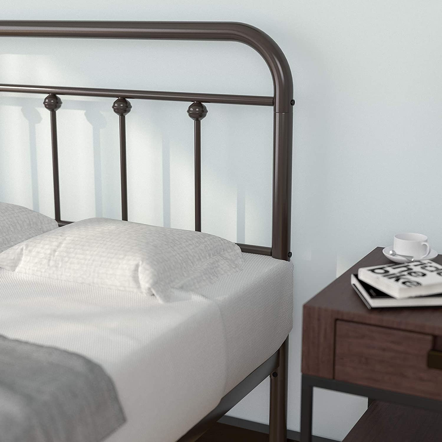 Queen Metal Bed Frame with Headboard & Footboard - Sturdy Steel Farmhouse Bedframe, No Box Spring Needed, Under Bed Storage - Perfect for Kids' Rooms, Guest Bedrooms & Small Spaces (Brown)