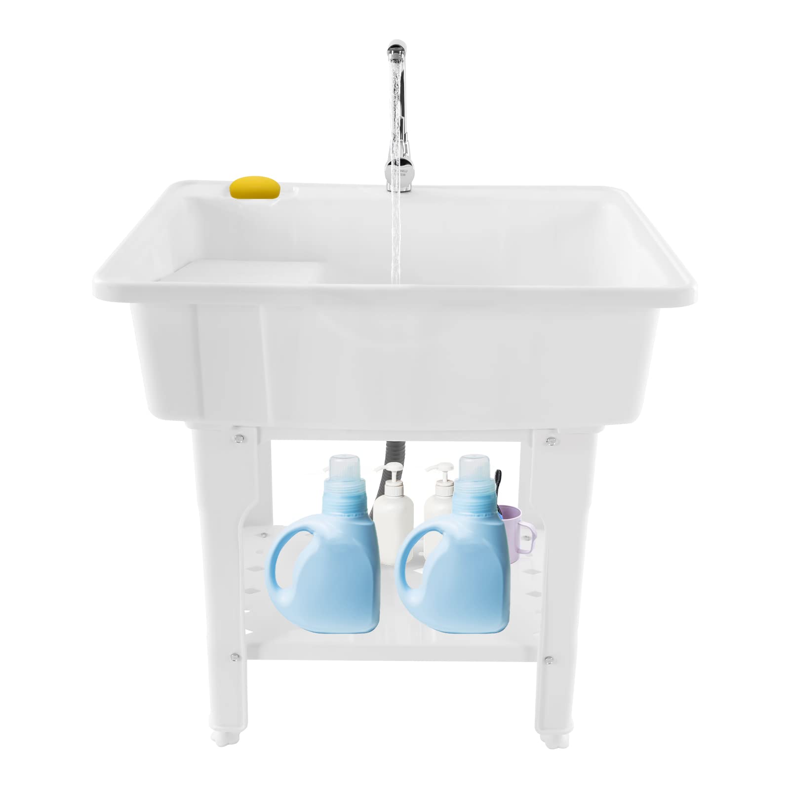 **Freestanding Plastic Laundry Sink with Faucet & Storage Shelf – Durable Utility Tub for Laundry Room, Garage, Basement & Outdoor Use – White (Indoor/Outdoor Wash Tub for Cleaning, Gardening & DIY Projects)**