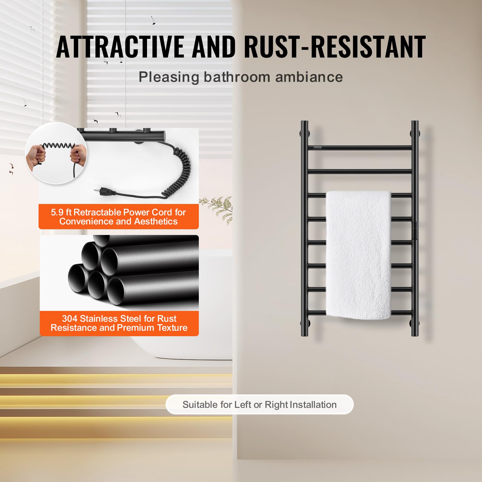 VEVOR 8-Bar Wall Mounted Heated Towel Rack for Bathroom - IPX5 Waterproof Towel Warmer with Timer, LED Display & 5 Adjustable Temperature Settings - Perfect for Spa, Luxury Hotels & Home Bathroom (Black)