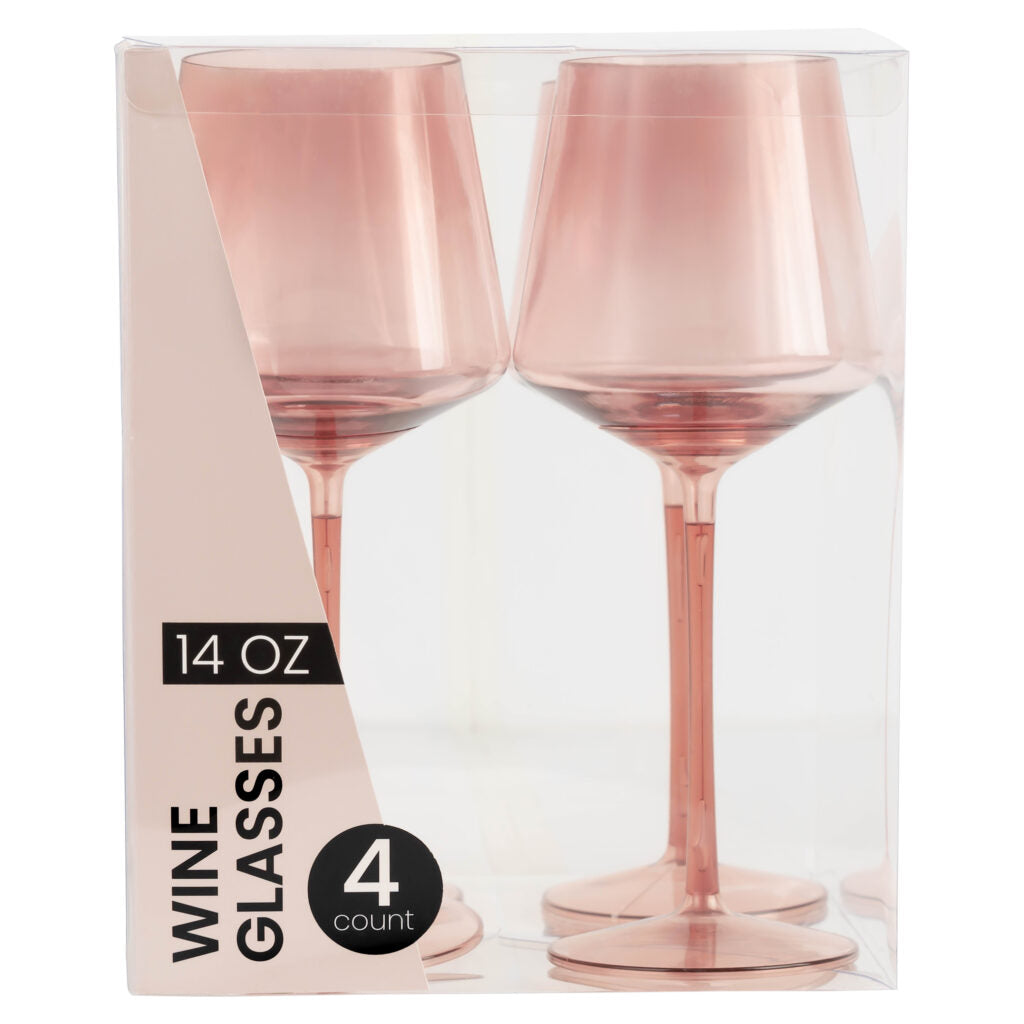 14 Oz Rose Gold Plastic Stemmed Wine Goblets - Set of 4 Shatterproof Cups for Outdoor Parties, Weddings, and Picnics