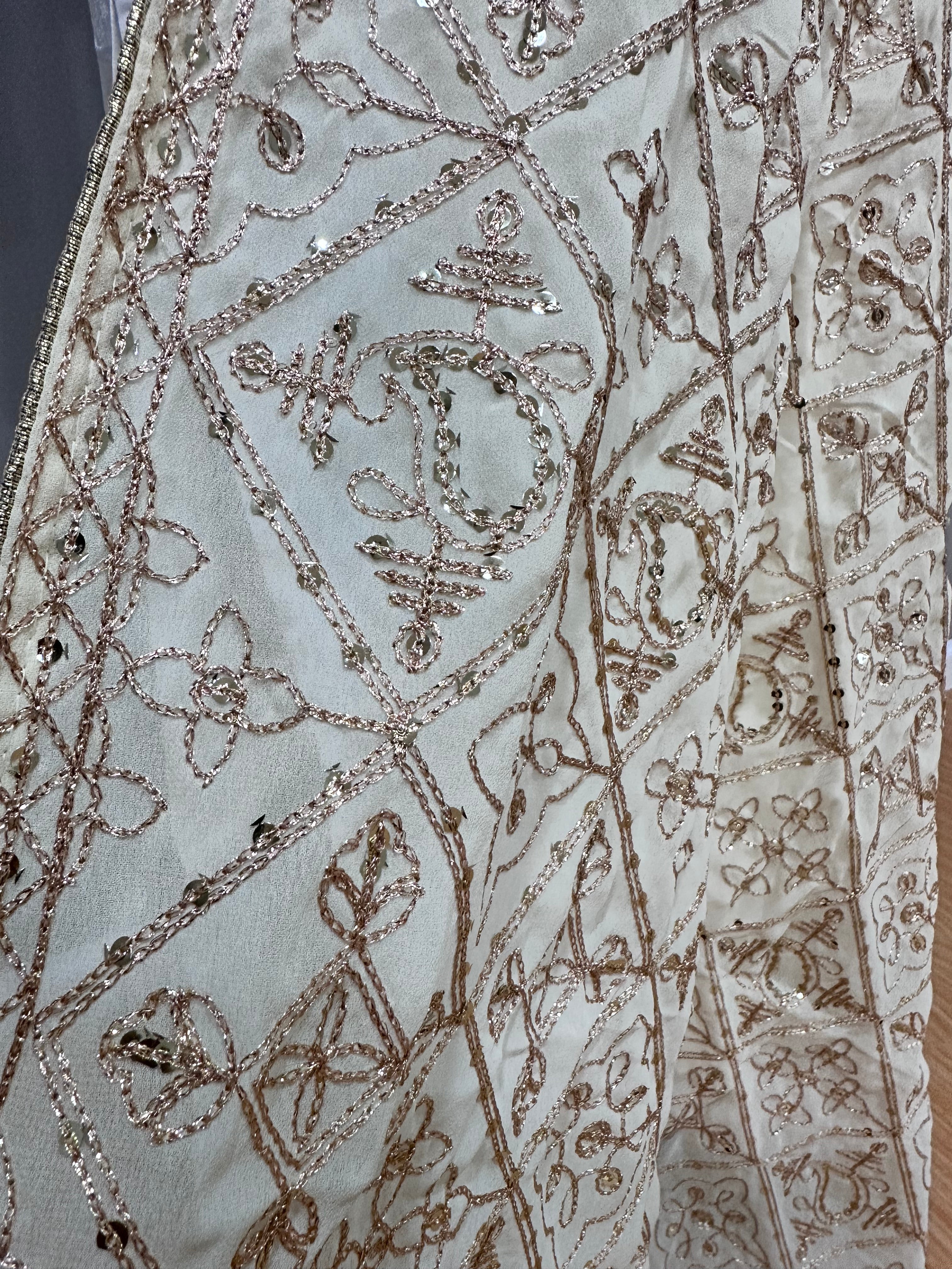 Elegant Cream and Gold Embroidered Dupatta Scarf - Perfect for Weddings, Parties, and Festive Occasions
