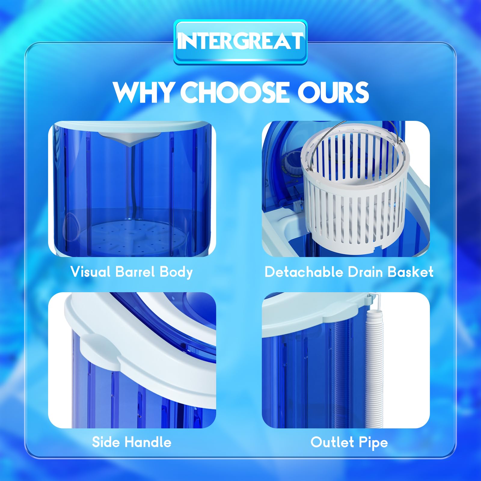 INTERGREAT Portable Washing Machine 11LBS - Compact Mini Washer with Single Tub for Small Spaces - Perfect for Apartments, Dorm Rooms, RV Camping & Travel - Energy Efficient Laundry Solution (Blue) - Great for Tiny Homes, Off-Grid Living & Emergency Use