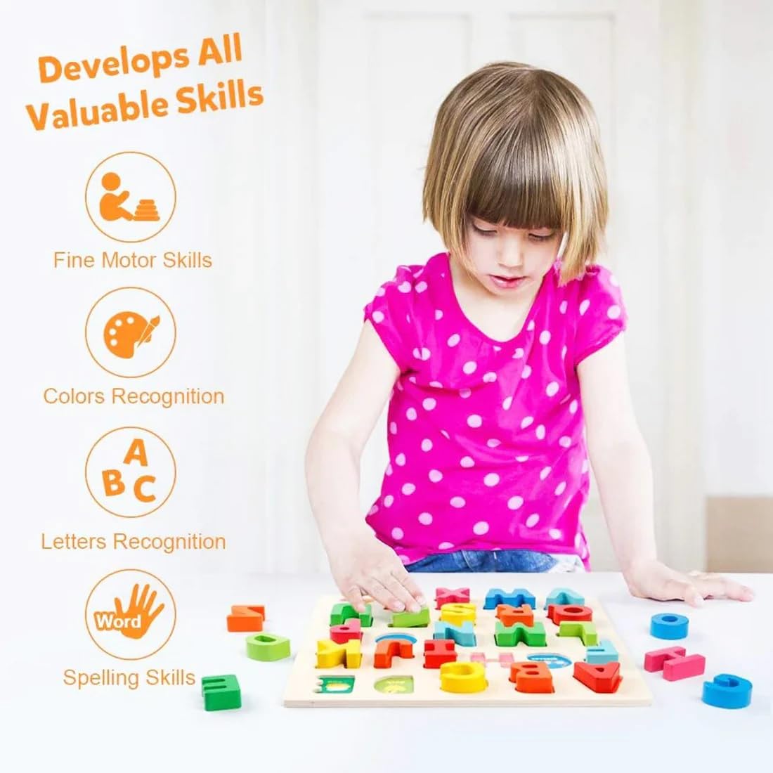 Wooden Alphabet ABCD Puzzle Toy - Capital Letters Learning Game for Toddlers & Preschool Kids - Educational Early Learning Toy for Home & Classroom Use