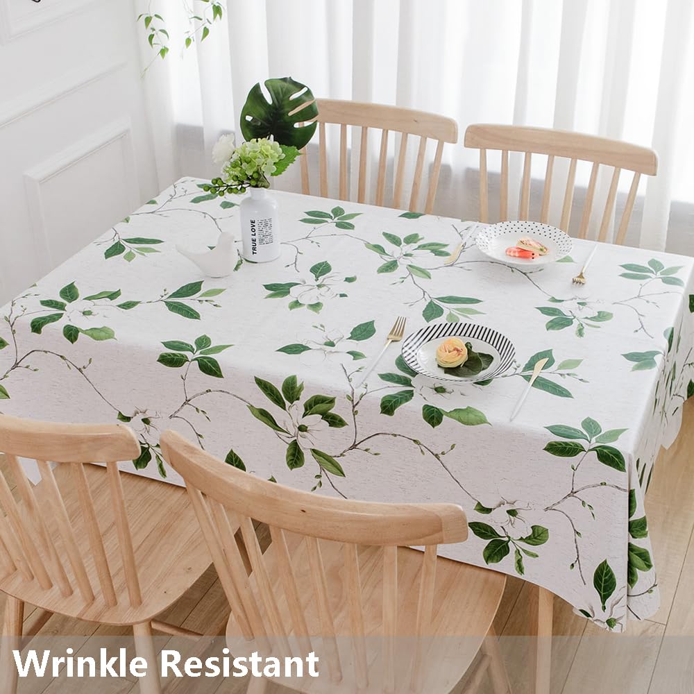 Heavy Duty Vinyl Tablecloth - Waterproof PVC Wipeable Plastic Table Cover for Kitchen & Dining Room - 54 x 72 Inch Rectangle Table Protector (Green Leaves Design) - Perfect for Parties, BBQs, and Everyday Use
