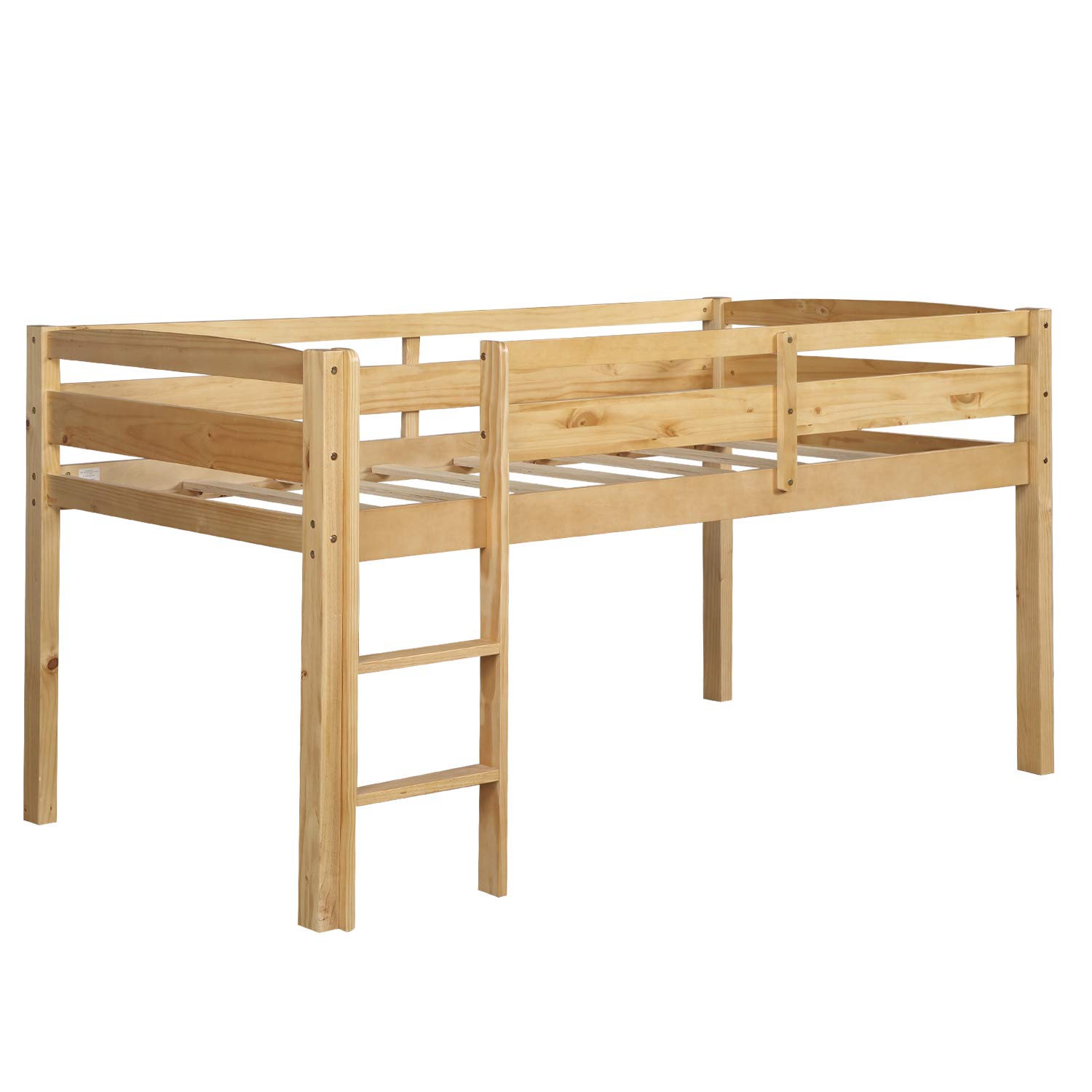 **Low Loft Twin Wood Bed with Ladder & Guardrails for Kids - Sturdy & Safe, No Box Spring Needed (Natural) - Perfect for Small Rooms, Dorms & Play Areas**