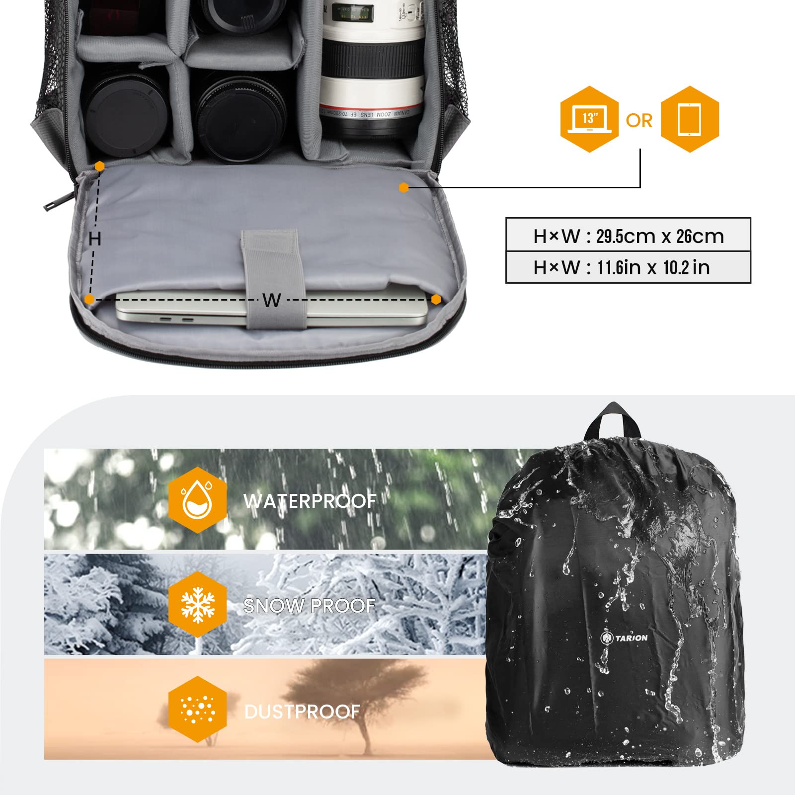 **Professional Waterproof Camera Backpack with Laptop Compartment & Rain Cover - TARION TB-S for DSLR, Mirrorless Cameras - Perfect for Travel, Hiking & Photography (Men & Women)**