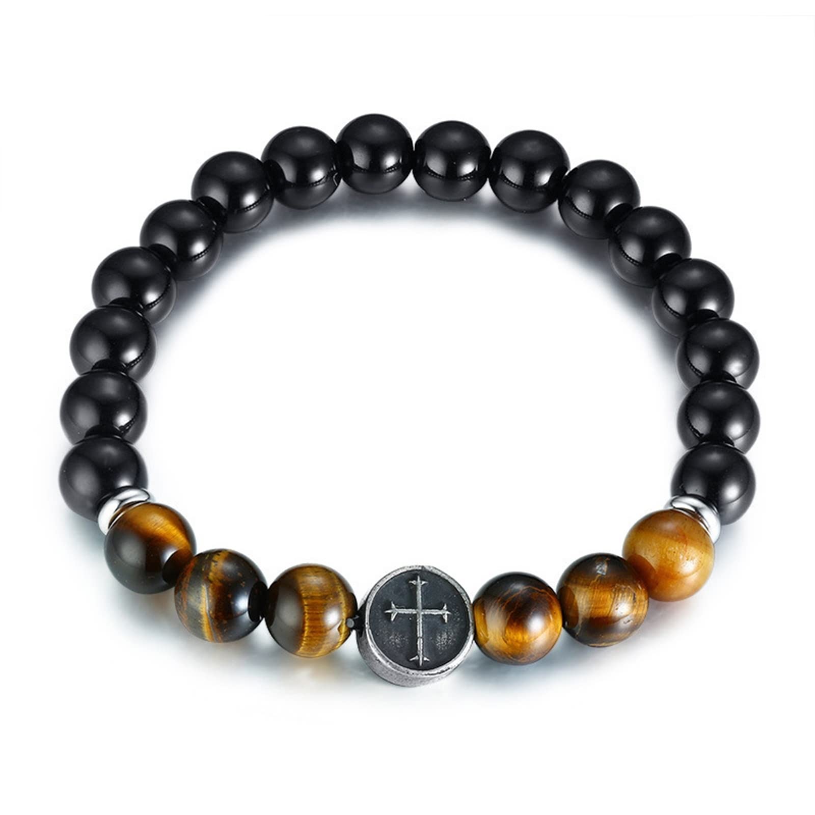 Men's Beaded Bracelet - Black Tiger Eye & Agate Stone Beads with Stainless Steel Clasp - Adjustable 16.5cm Ankle or Wrist Bracelet for Men - Perfect for Casual Wear, Gifts & Spiritual Protection
