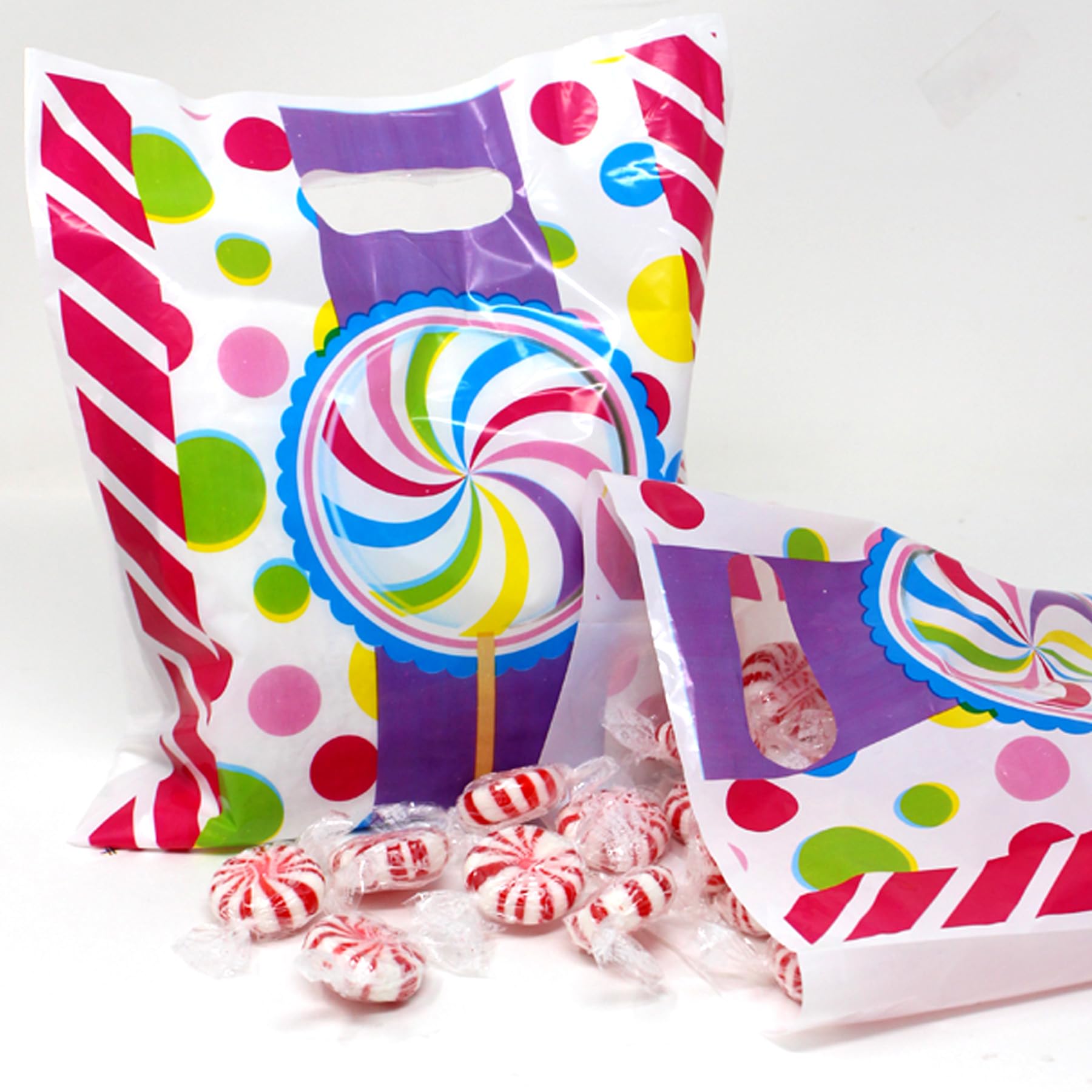 Candyland Party Favor Bags for Kids Bulk - 96 Pack Cute Plastic Goodie Bags with Handles for Birthday Party Supplies | Perfect for Candy Shoppe Parties, Kids Birthday Favors & Halloween Treat Bags