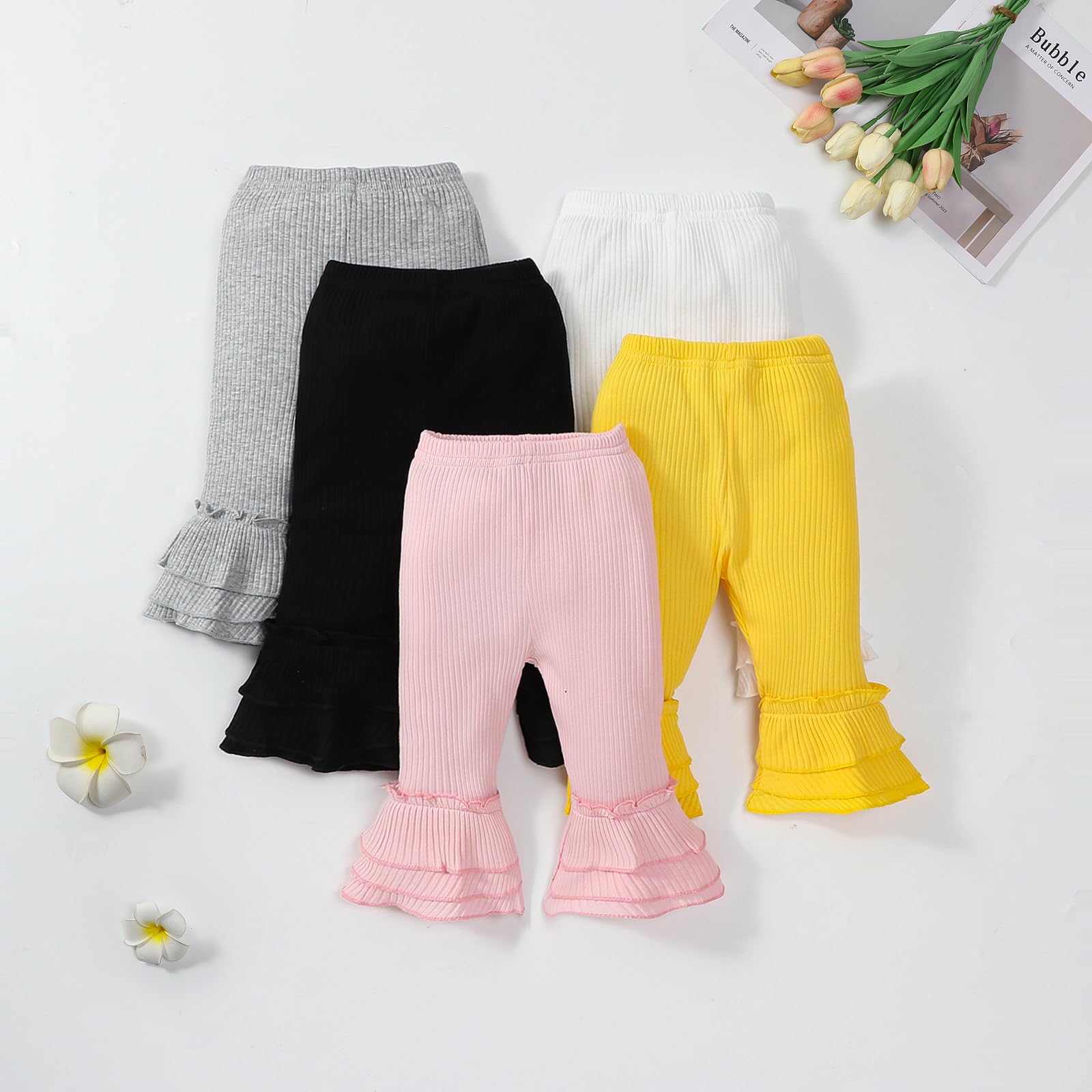 **5-Pack Stretchy Flare Pants with Ruffle Trim for Toddler & Baby Girls - Soft Fleece Leggings for Playtime, Daycare & Winter Outfits**