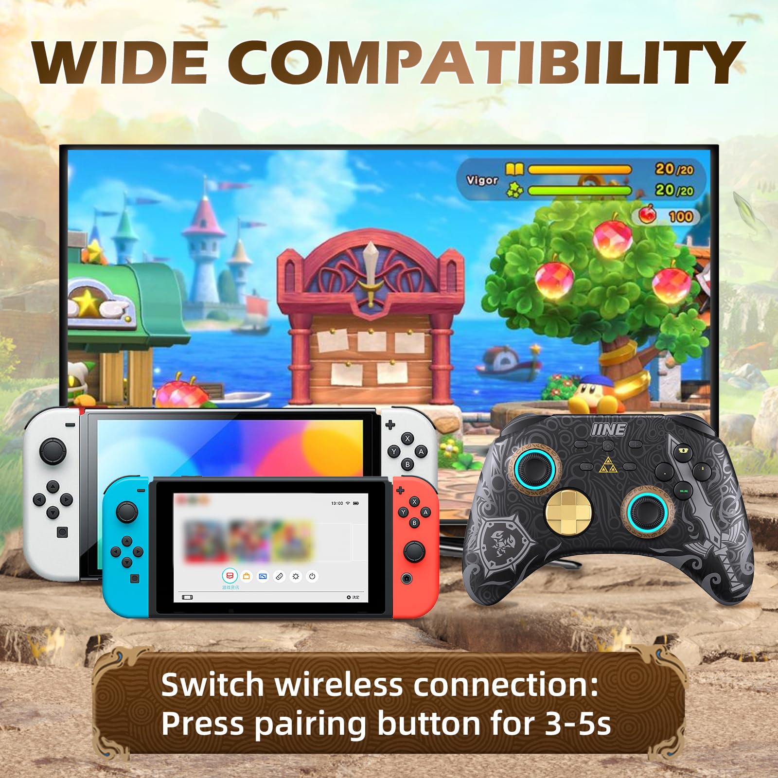 IINE Wireless Pro Controller for Nintendo Switch/Lite/OLED - RGB Gamepad with Headset Jack, Macro Settings, Turbo Mode & Adjustable Dual-Motor Vibration - Perfect for Gaming at Home or On-The-Go