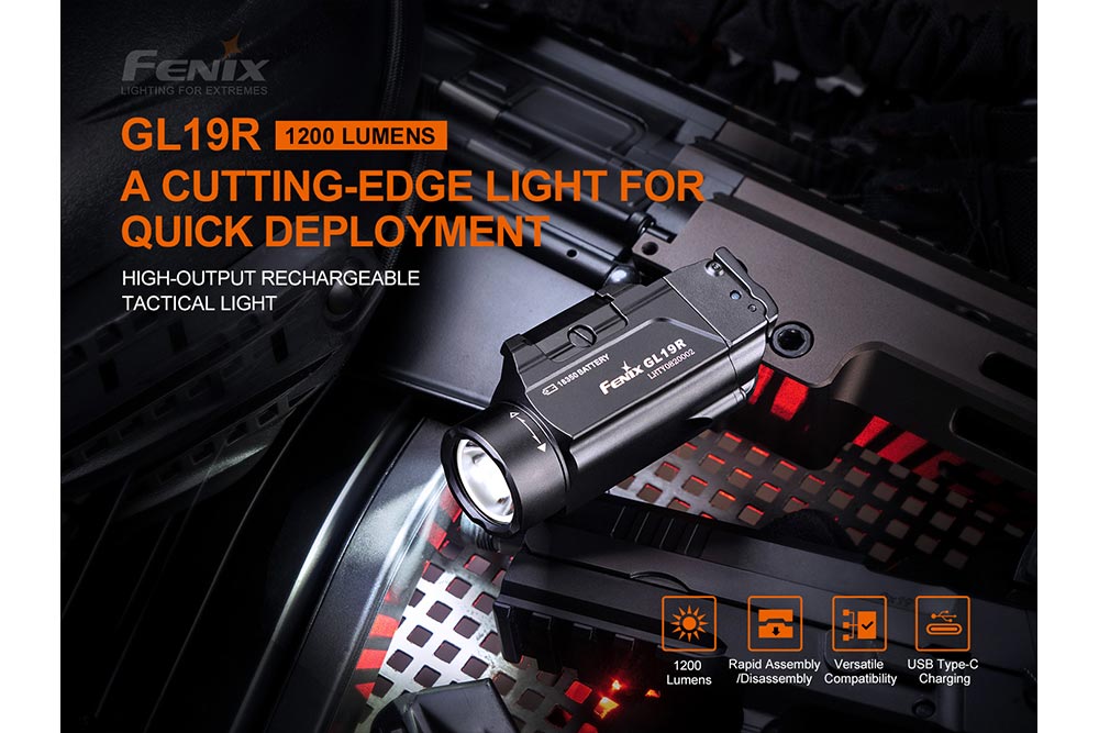 Fenix GL19R Rechargeable Tactical Flashlight - 1200 Lumens, USB-C Charging, IP68 Waterproof for Outdoor, Camping, Hunting & Emergency Use