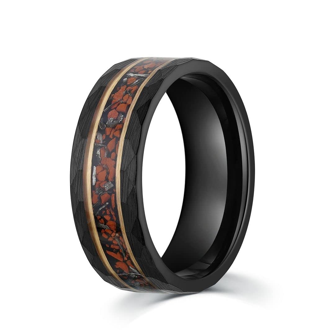 Dinosaur Bone & Meteorite Men's Wedding Ring - Hammered Black Tungsten with Rose Gold Inlay | 8mm Comfort Fit Band for Men | Unique Groomsmen Gift, Anniversary & Engagement Jewelry - Perfect for Outdoor Weddings & Adventure Lovers