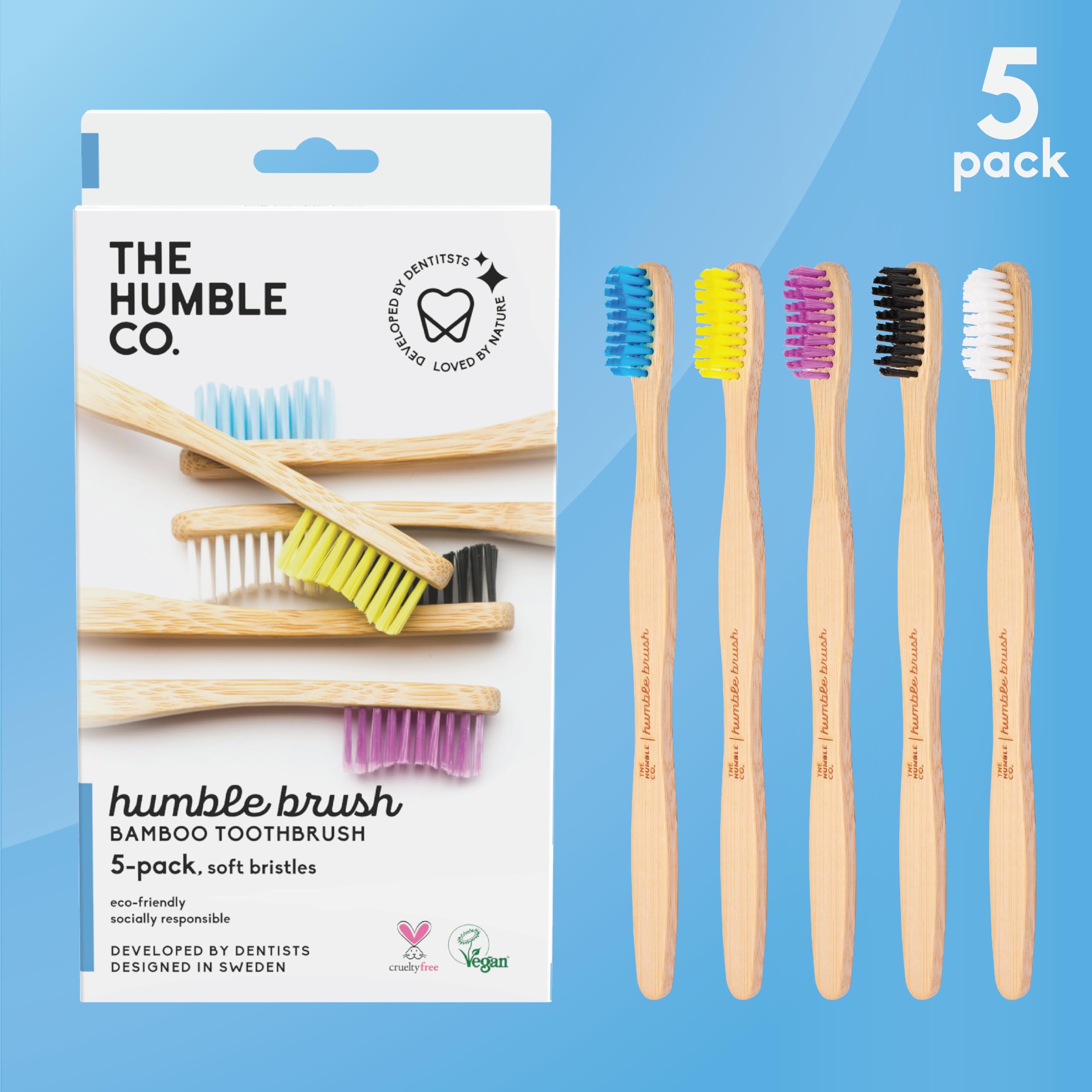 The Humble Co. Bamboo Toothbrushes 5-Pack - Eco-Friendly Natural Bamboo Toothbrushes with Soft Bristles for Adults & Kids | BPA-Free, Biodegradable, Sustainable Oral Care | Perfect for Travel, Home & Zero-Waste Lifestyle