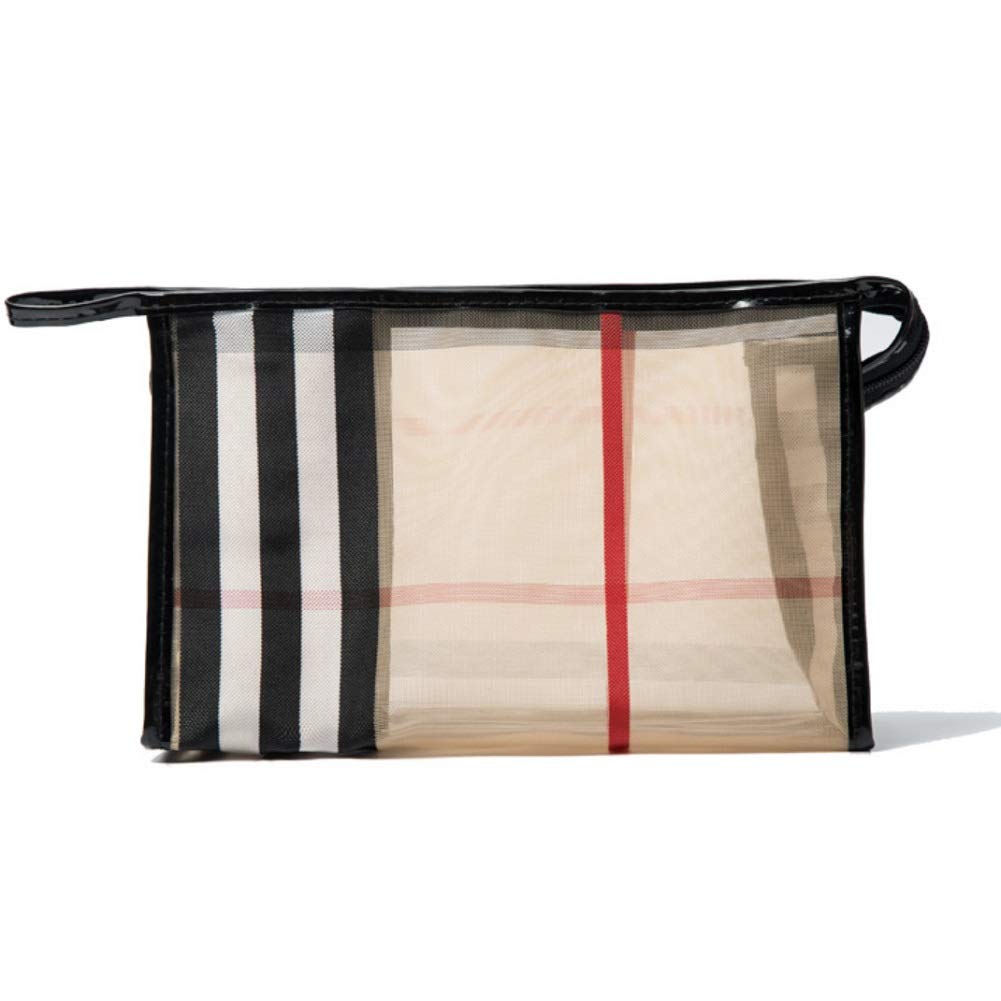 Waterproof PVC Stripe Cosmetic Bag with Zipper - Large Capacity Makeup Organizer for Women | Travel, Bathroom & Gym Storage | Portable Mesh Toiletry Bag (Khaki)