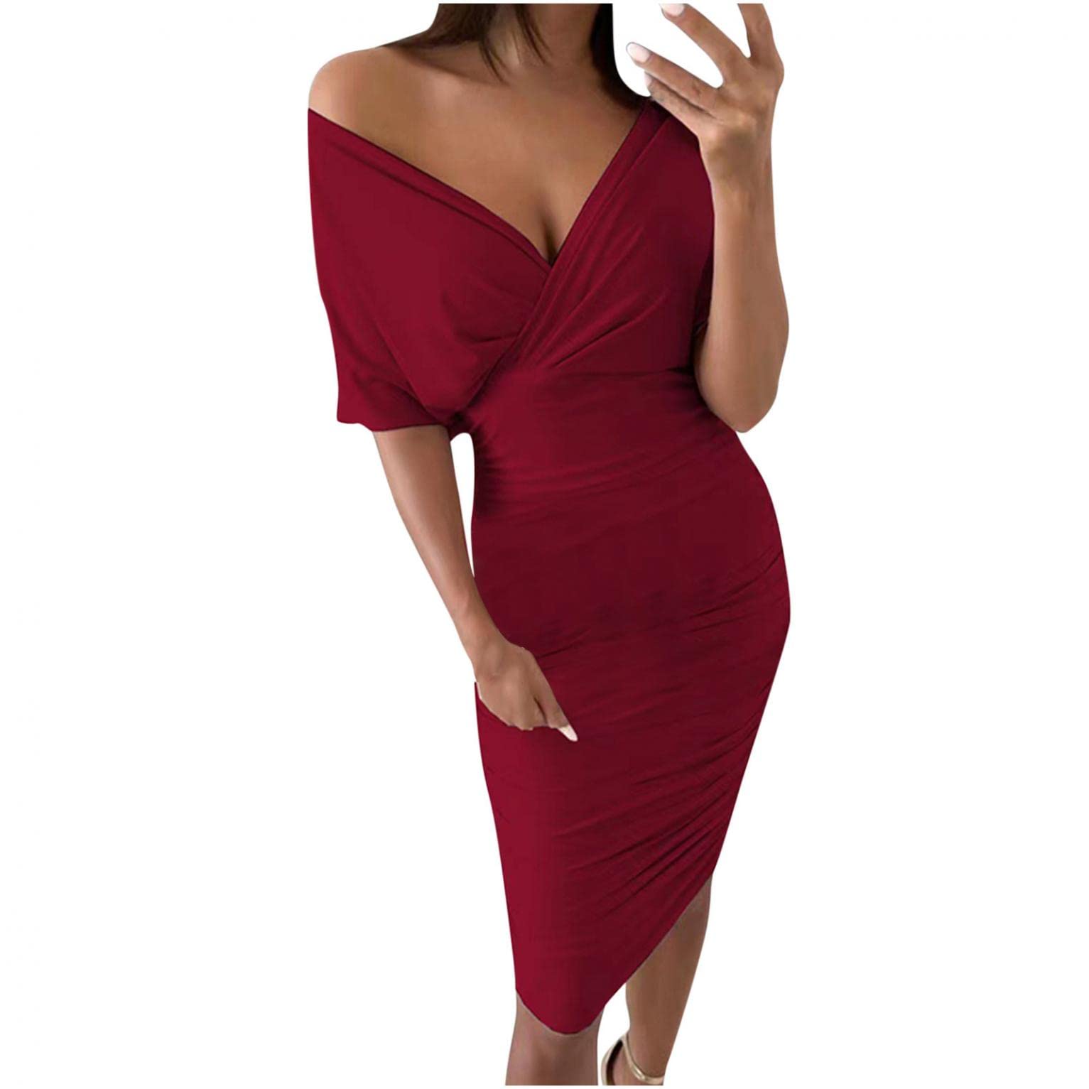 Sexy Deep V Neck Short Sleeve Bodycon Dress for Women - Faux Wrap Cocktail Party Dress - Perfect for Night Out, Club, Date Night & Special Occasions