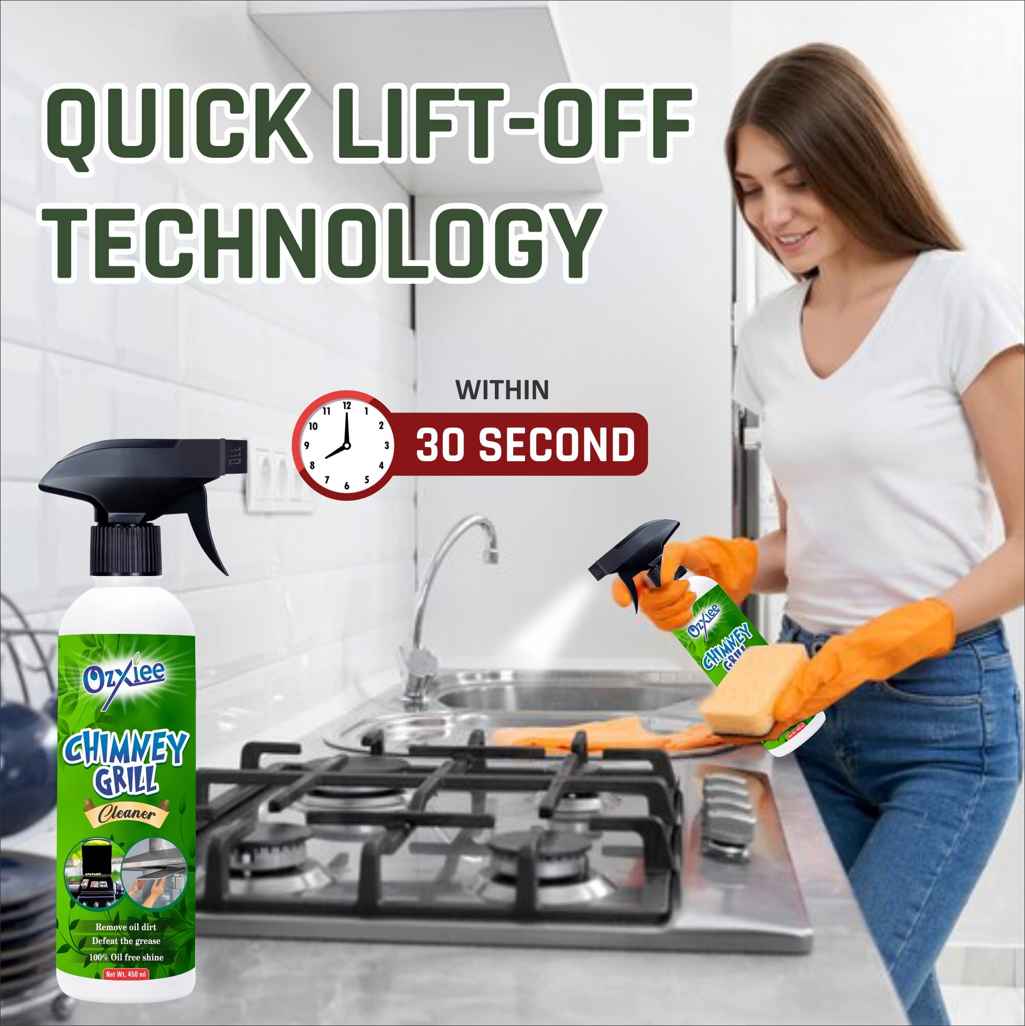 Ozxiee Chimney & Grill Cleaner Spray (450ml) - Heavy-Duty Kitchen Degreaser for Chimneys, Microwaves, Grills, Gas Stoves, Exhaust Fans & Deep Fryers | Removes Tough Grease & Oil | Ideal for Home & Commercial Kitchens