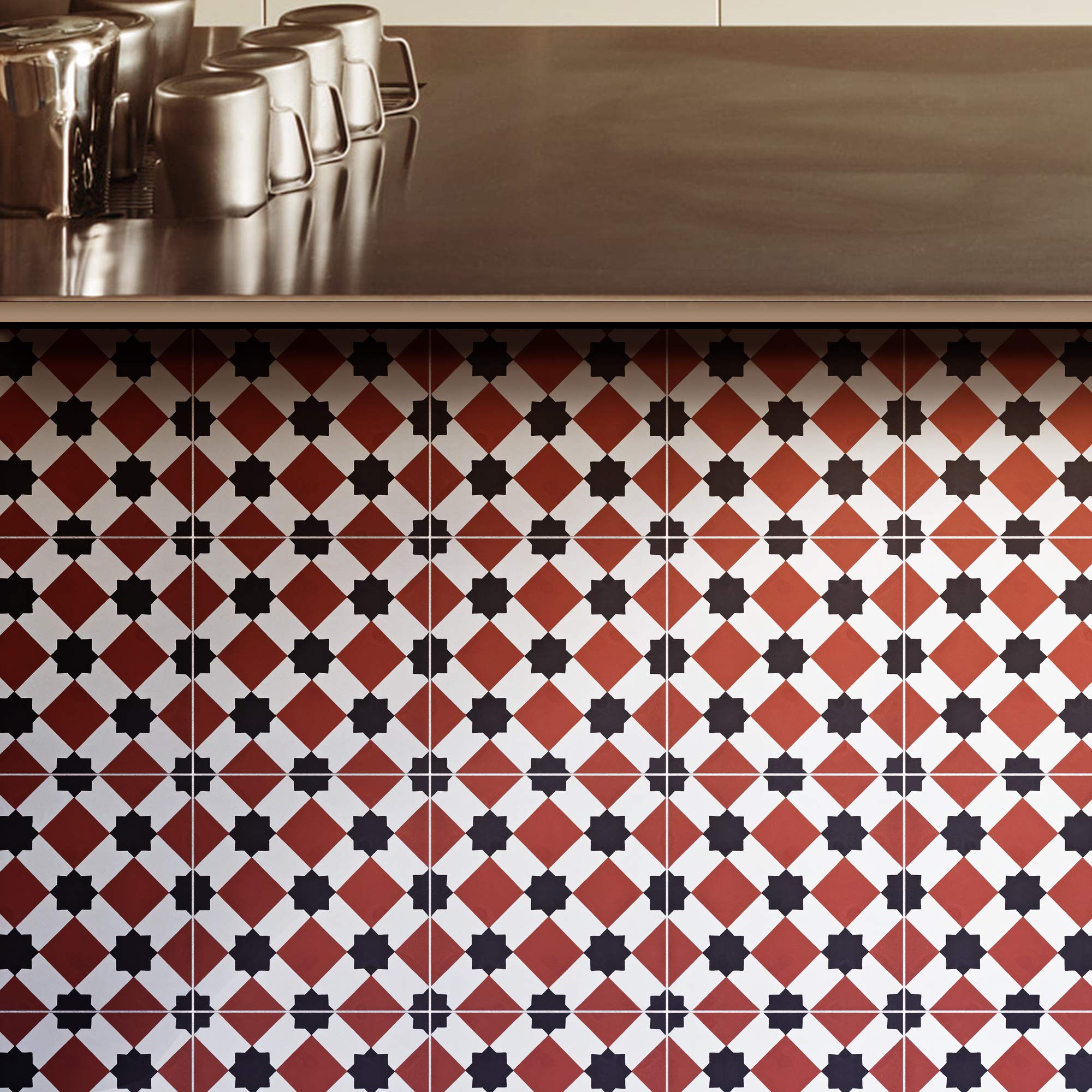Handmade Moroccan Cement Tiles - AIT BAHA Mosaic & Tile CTP23-01 (Pack of 12) - Red & Black Geometric Pattern for Kitchen Backsplash, Bathroom Floor, or Outdoor Patio Decor