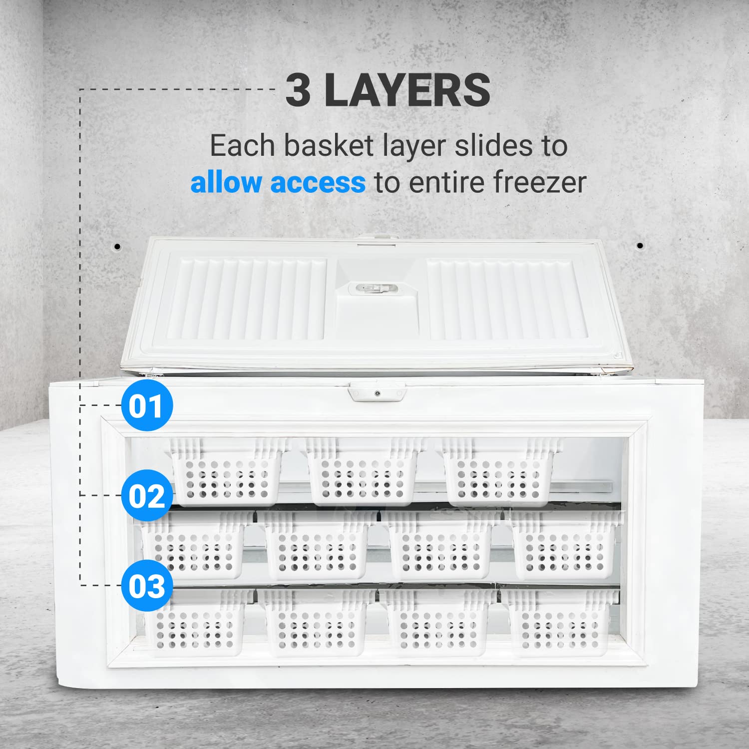 8-15 Cubic Feet Freezer Organizer System with 3-Tier Sliding Baskets, 8 Storage Bins & Magnetic Organizer - Perfect for Kitchen, Garage, or Basement Freezer Organization (Measure Your Freezer Before Purchase)