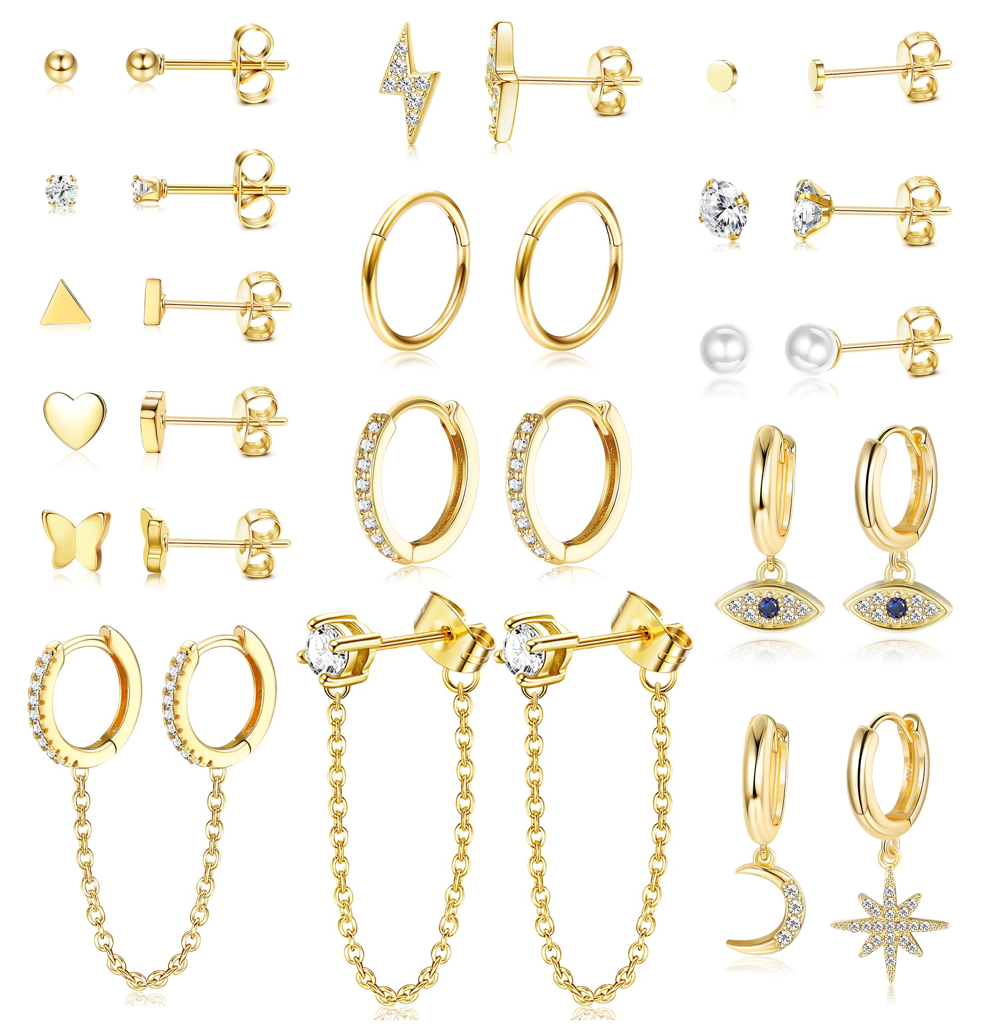 JeweBella 29Pcs Dangle Hoop Earrings for Women - Stainless Steel Evil Eye, Star & Moon Hanging Hoops - Hypoallergenic Gold/Silver Chain Earring Set with Mini Pearl & Zircon Studs - Perfect for Parties, Weddings & Everyday Wear