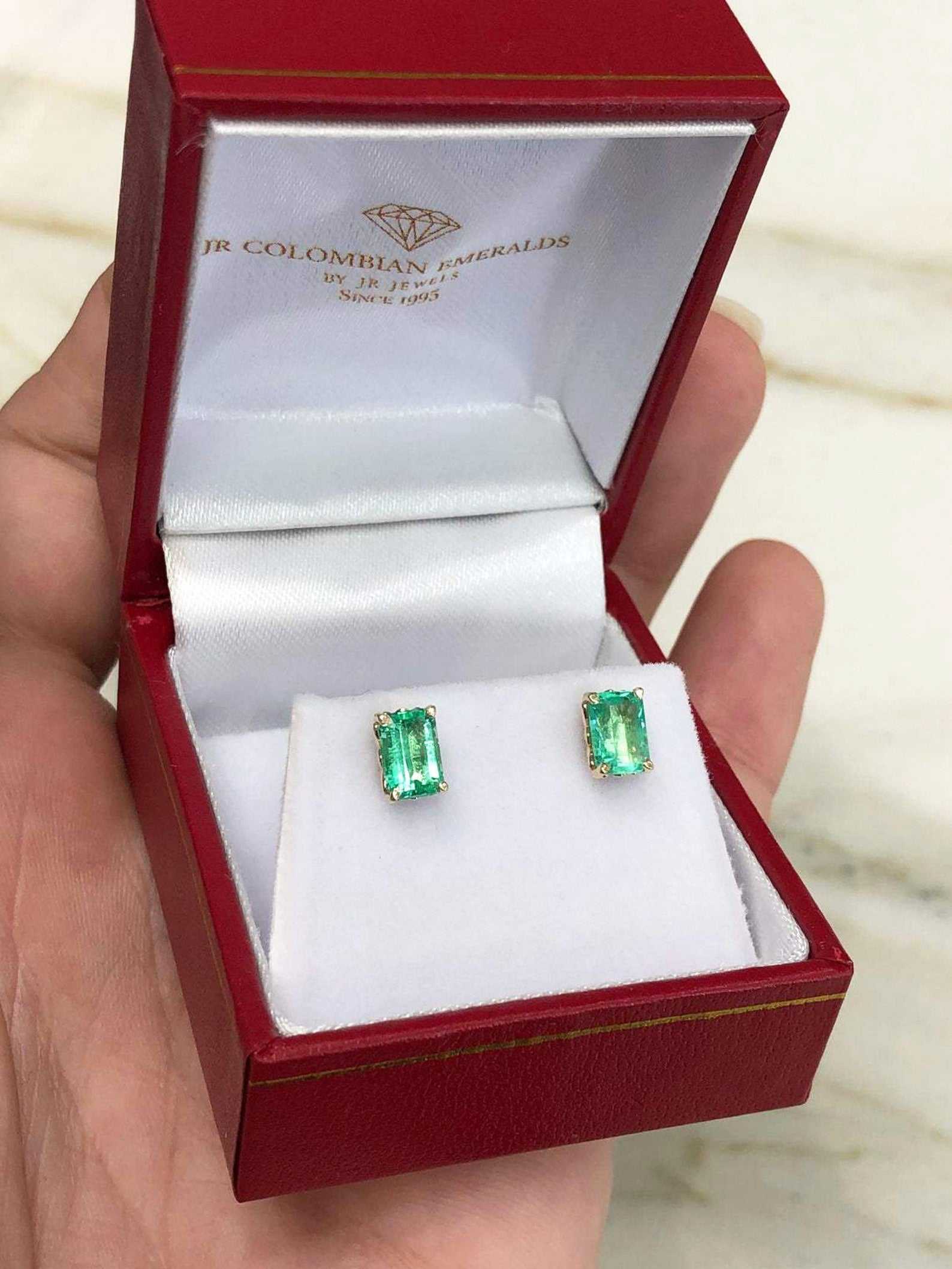 1.50tcw Trendy Fleur De Lis Emerald Cut Colombian Emerald Stud Earrings in 14K Gold - Perfect for Weddings, Parties & Everyday Elegance