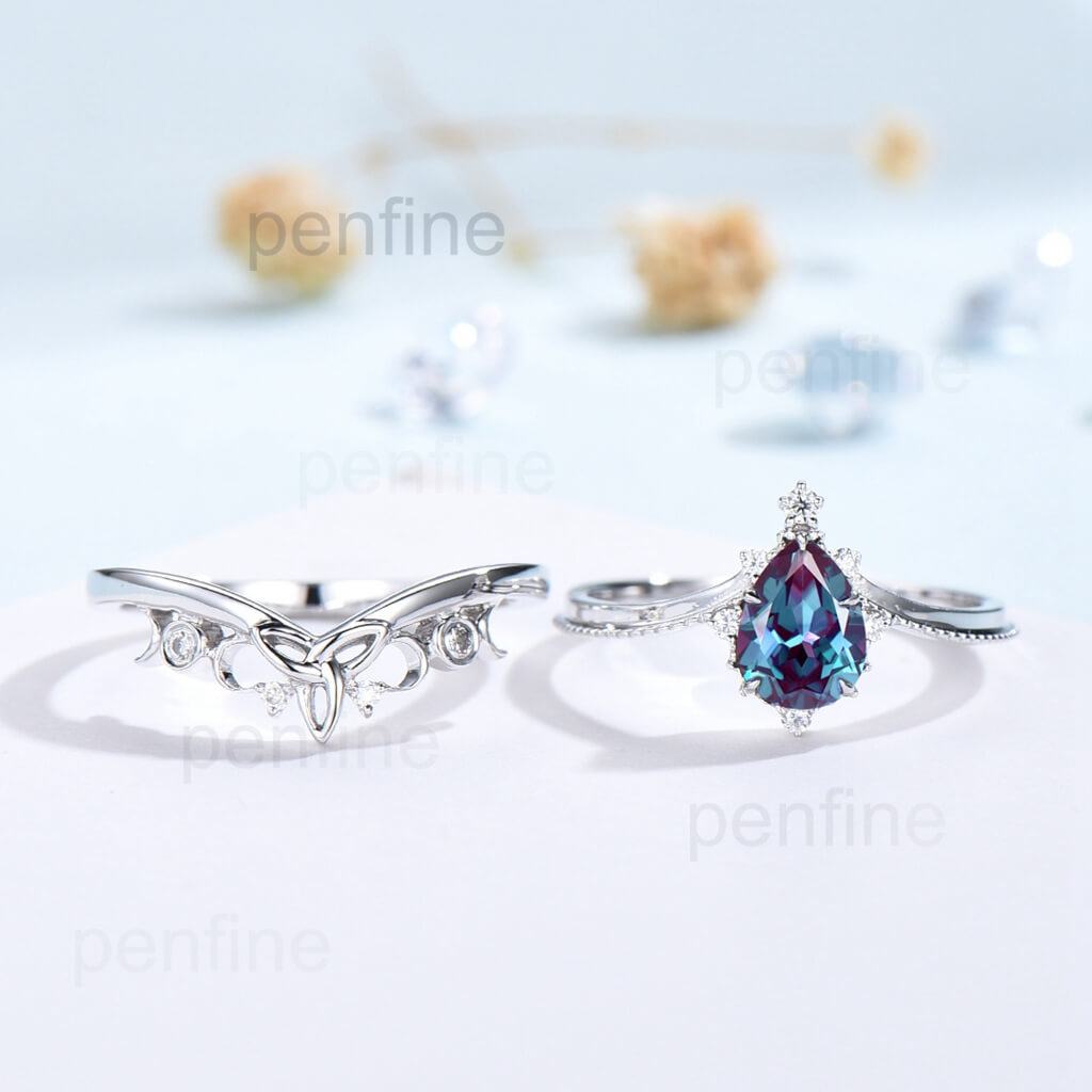 Art Deco Alexandrite Engagement Ring Set - Vintage 2 Piece Wedding Band with Natural Gemstone for Women | Perfect for Proposals, Anniversaries & Special Occasions