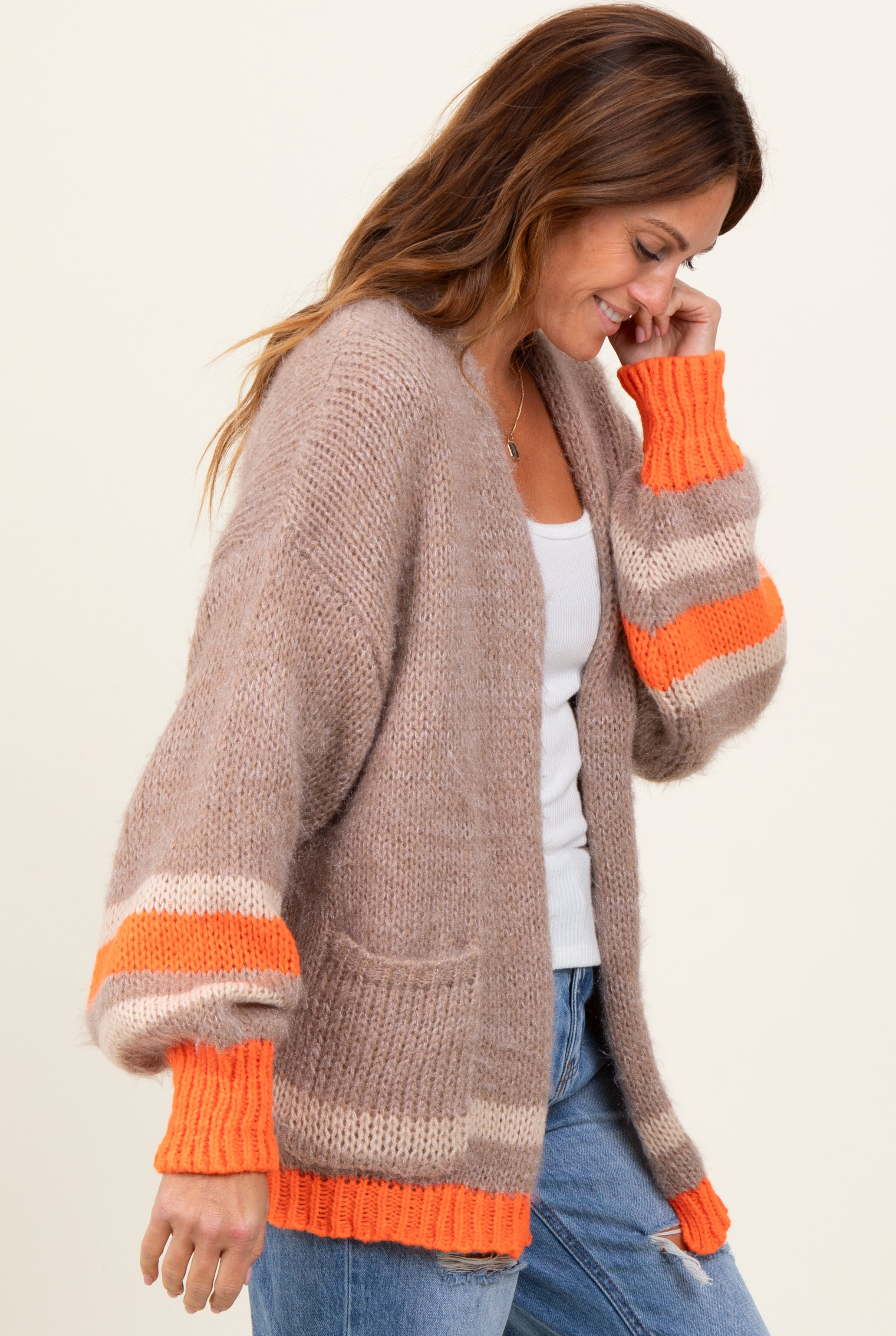 Beige Chunky Knit Stripe Detail Sweater Cardigan for Women - Cozy Winter Pullover for Casual Outfits & Layering