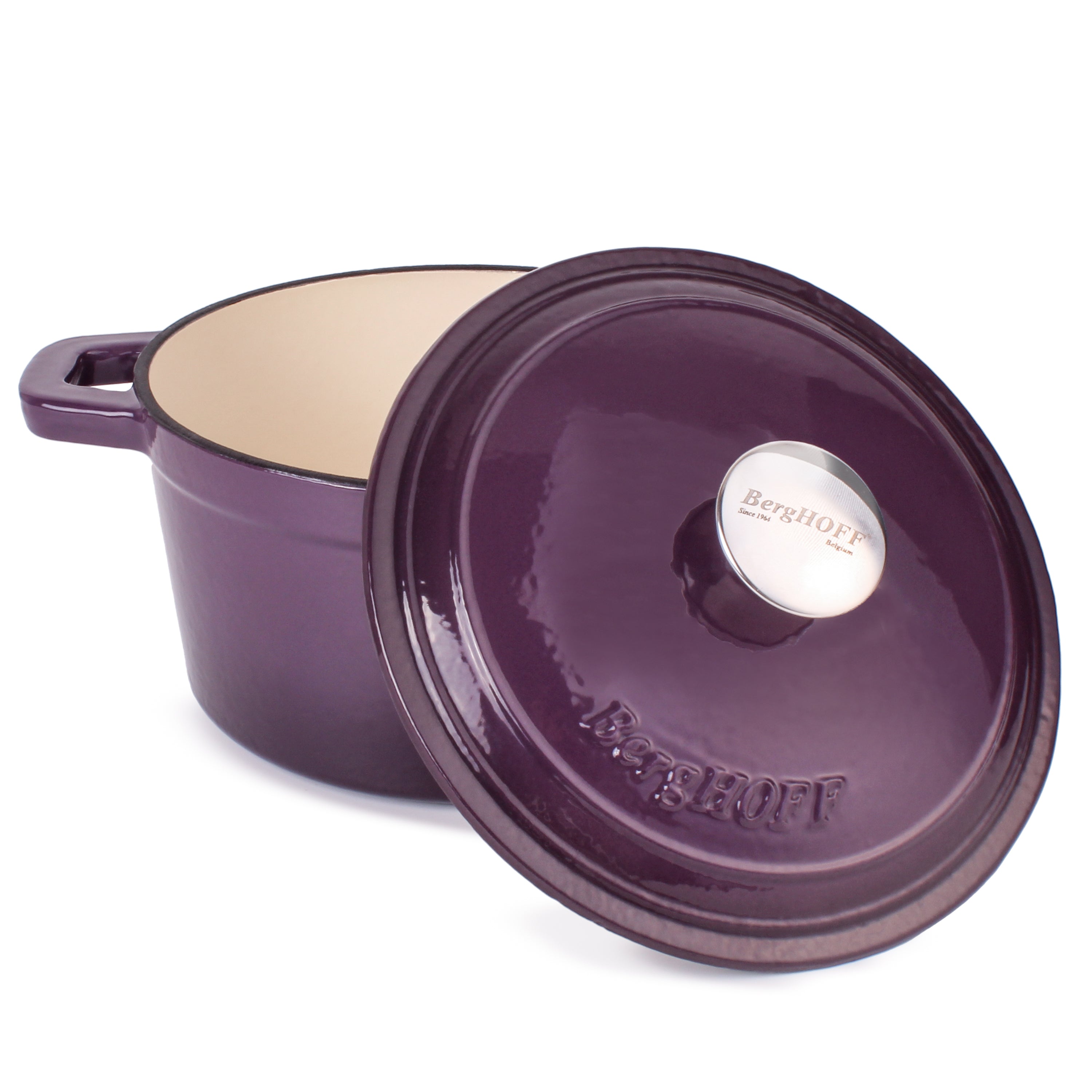 BergHOFF Neo Cast Iron 3-Quart Round Dutch Oven with Lid, Purple - Perfect for Braising, Stewing & Baking | Stovetop to Oven Safe Cookware