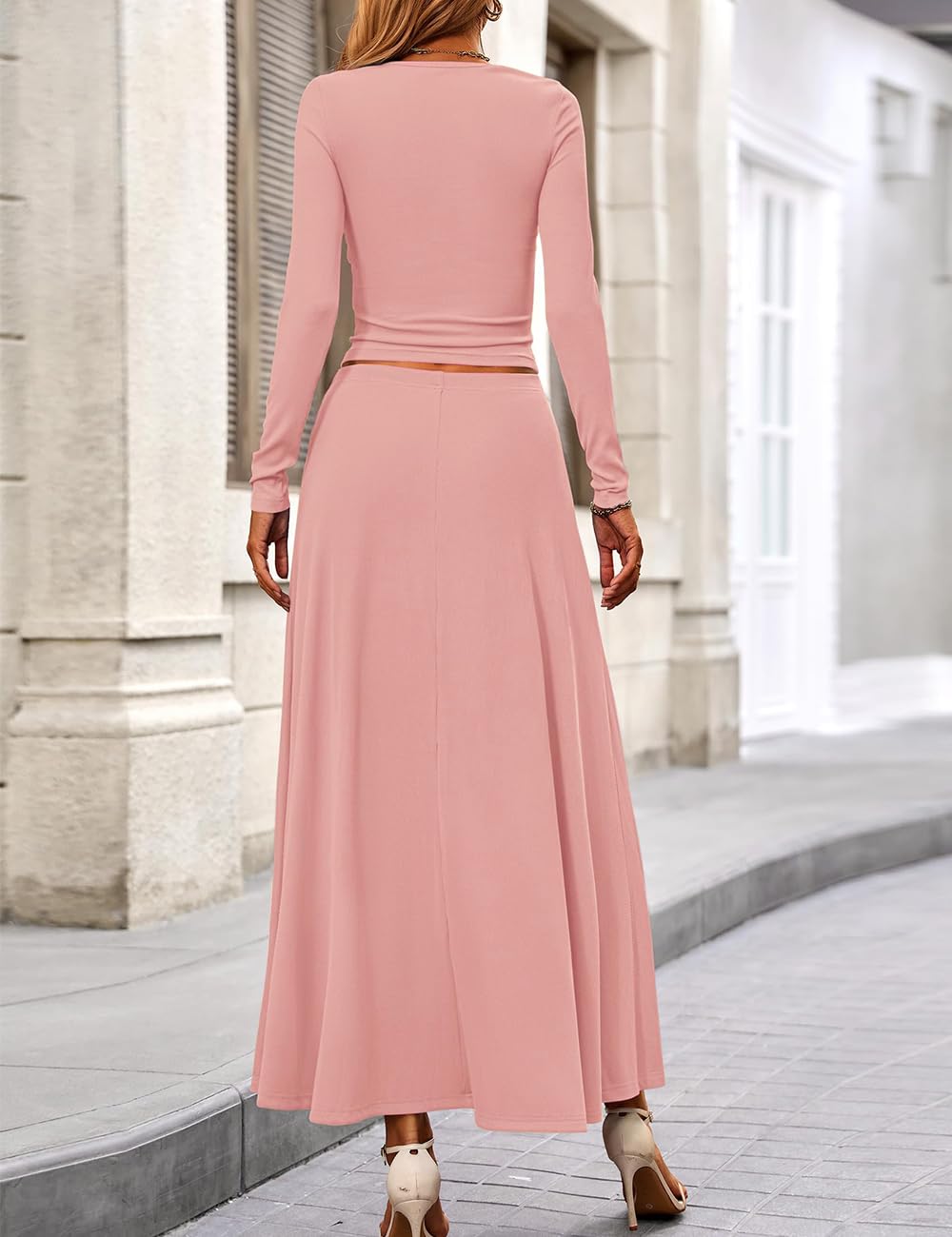 Women's 2 Piece Outfits - Ribbed Knit Two Piece Skirt Set with Long Sleeve Ruched Crop Top & Flowy Maxi Skirt | Casual Wear, Date Night, Office Outfit, Fall Fashion