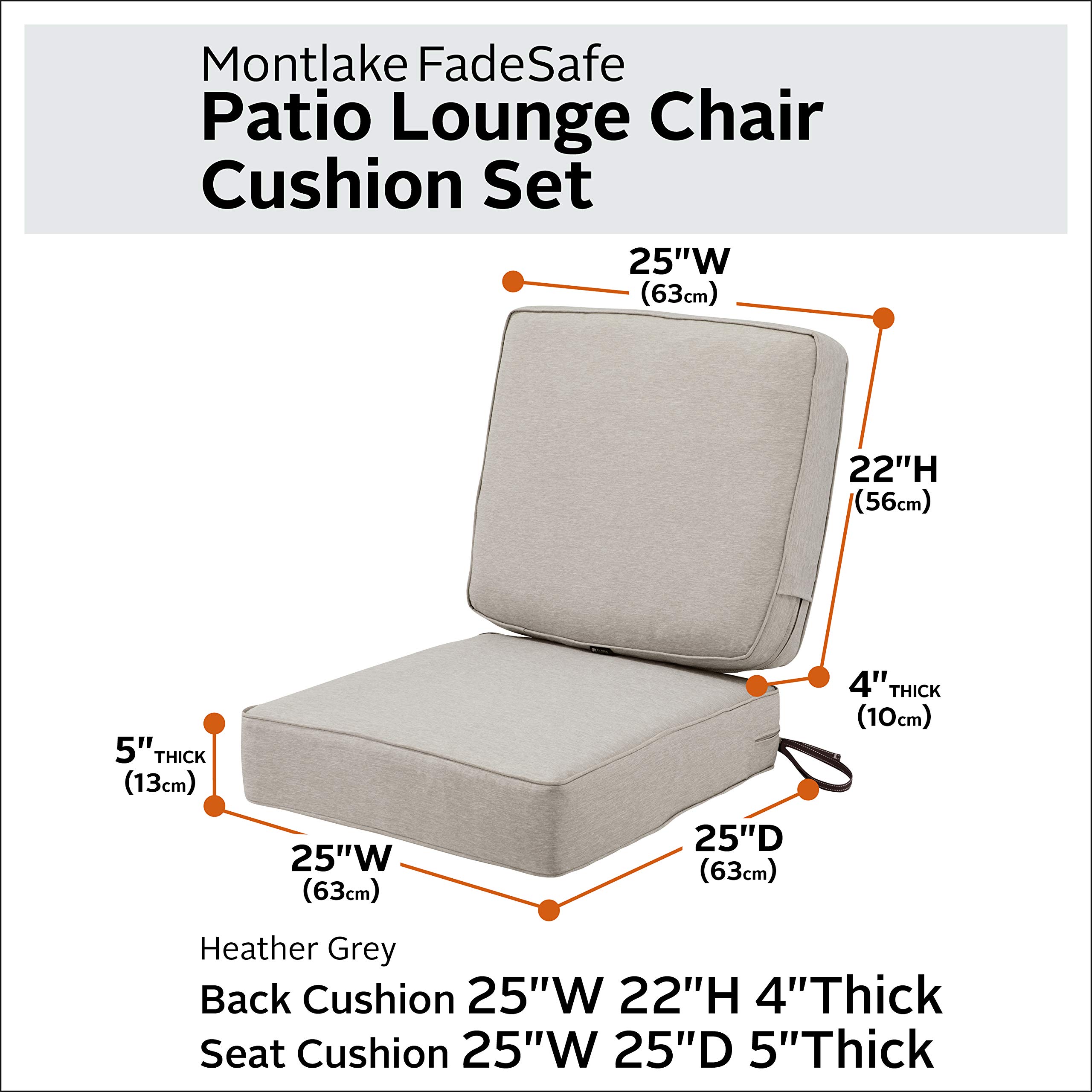 Water-Resistant Patio Cushion Set - 25x25x5 Inch Seat & 25x22x4 Inch Back - Heather Grey Chaise Lounge Cushions for Outdoor Furniture - Perfect for Poolside, Deck, or Garden Relaxation
