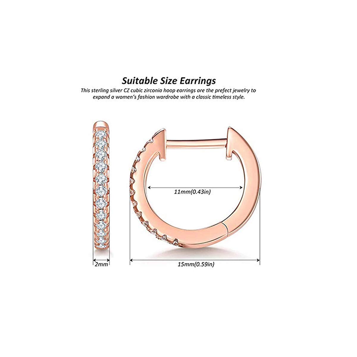 925 Sterling Silver Rose Gold Plated Hoop Earrings with Cubic Zirconia - Huggie Stud Cuff Earrings for Women | Elegant Everyday Wear & Gift for Her