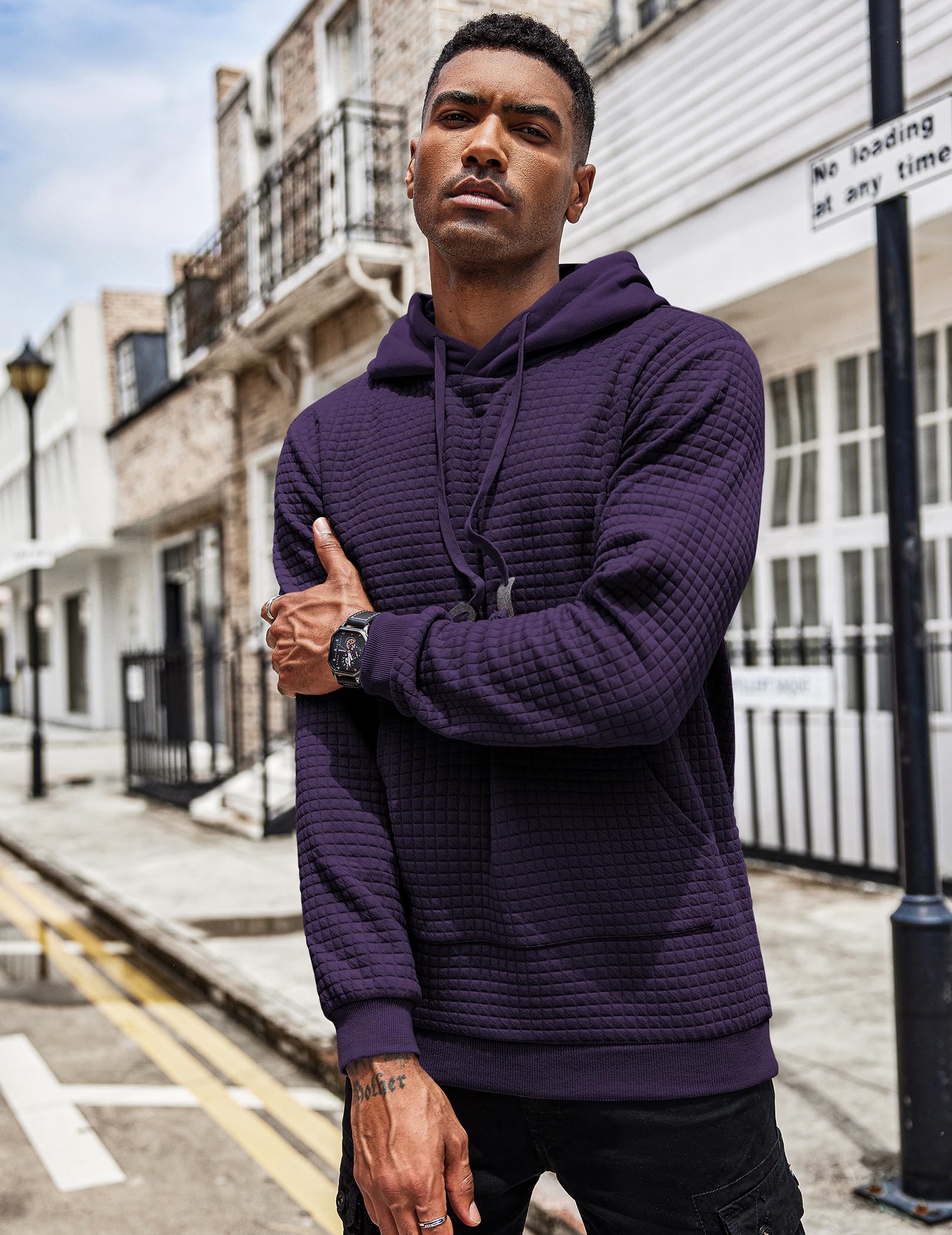 COOFANDY Men's Long Sleeve Waffle Knit Pullover Hoodie with Pocket - Casual Winter Warm Fleece Sweatshirt for Outdoor Activities & Streetwear Fashion