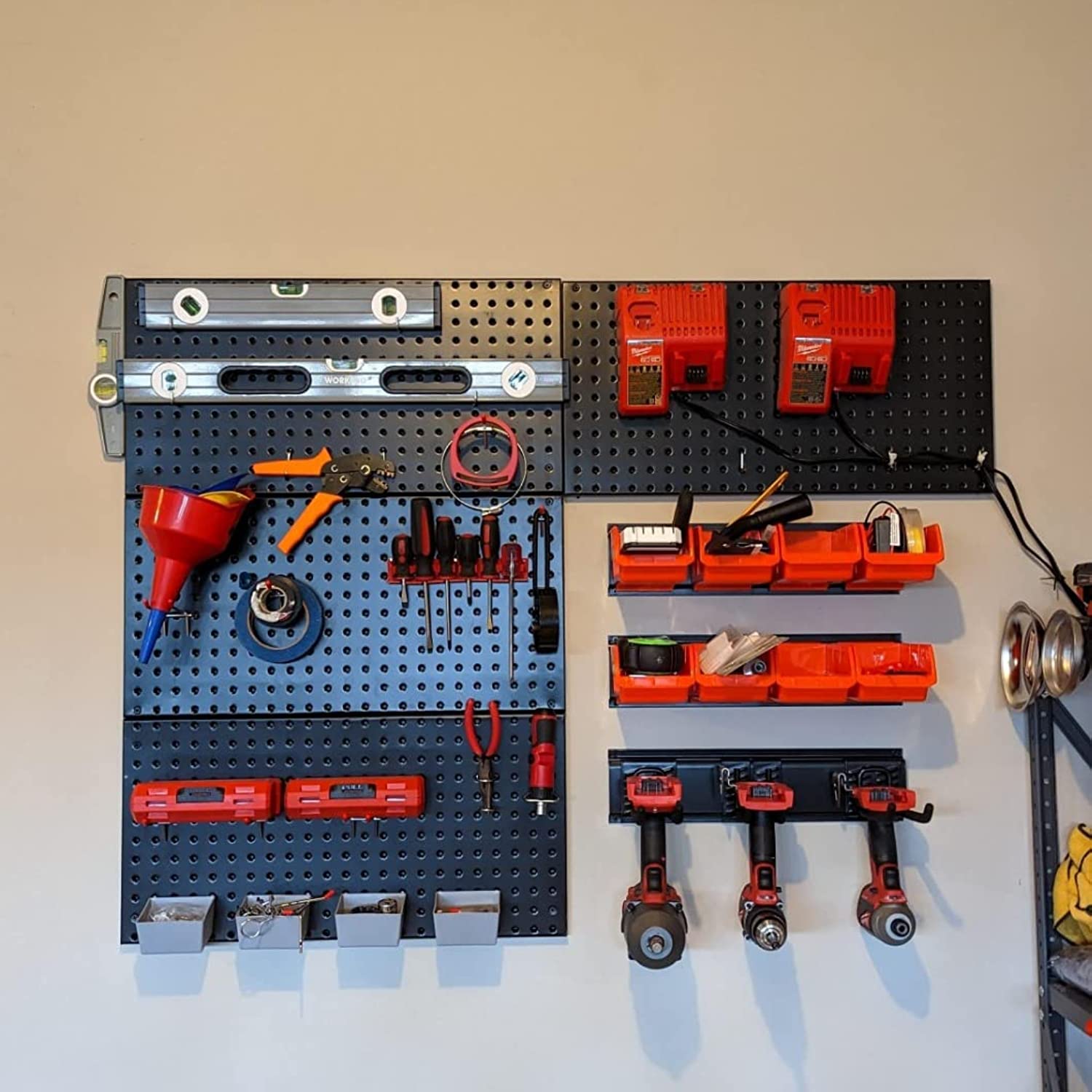Wallmaster 8-Bin Storage Bins - 2-Tier Wall Mount Garage Organizer Rack System with Orange Tool Cube Baskets | Perfect for Garage, Workshop & Home Organization