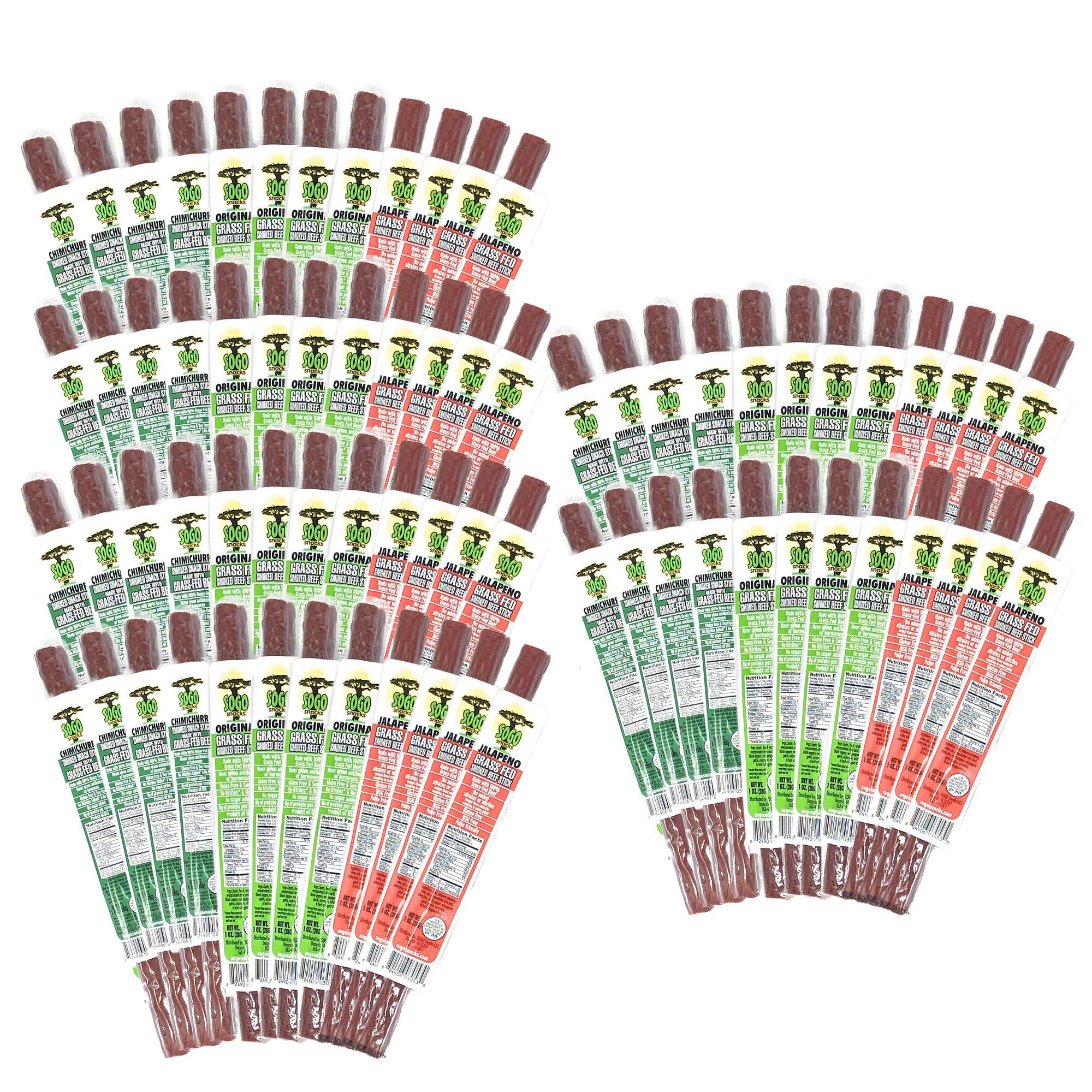 Sugar-Free Beef Jerky Variety Pack - 72 Count (24 Original, 24 Chimichurri, 24 Jalapeno) | 100% Grass-Fed, Non-GMO, High Protein, Low Calorie | Paleo, Keto & Whole30 Approved | No Nitrates, Gluten, Soy, MSG, Dairy or Nuts | Perfect for Hiking, Travel & Healthy On-the-Go Snacking