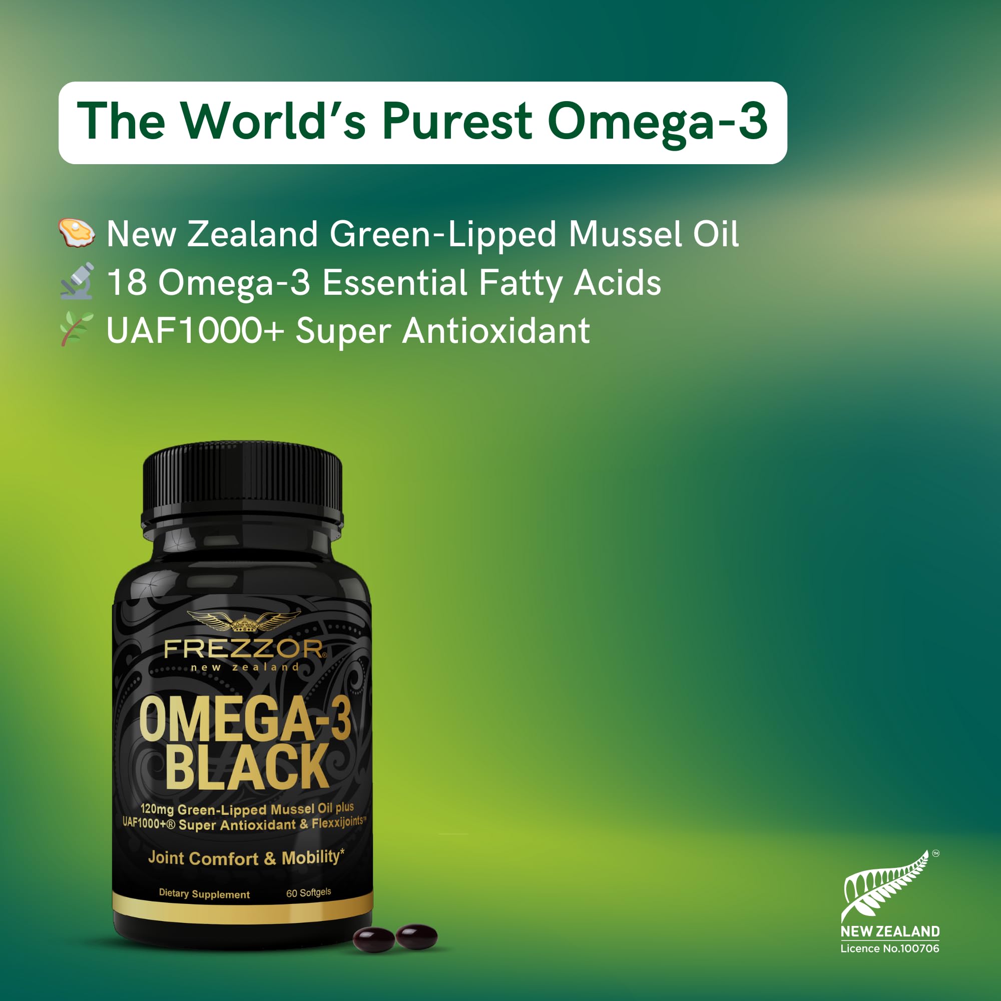 FREZZOR Omega 3 Black - Premium 1000mg Green Lipped Mussel Oil Capsules from New Zealand | Ultra High Strength UAF1000+ | Supports Joint Health, Reduces Inflammation, Boosts Heart & Immune System | 60 Capsules (4-Pack) | Ideal for Active Lifestyles, Arthritis Relief & Daily Wellness