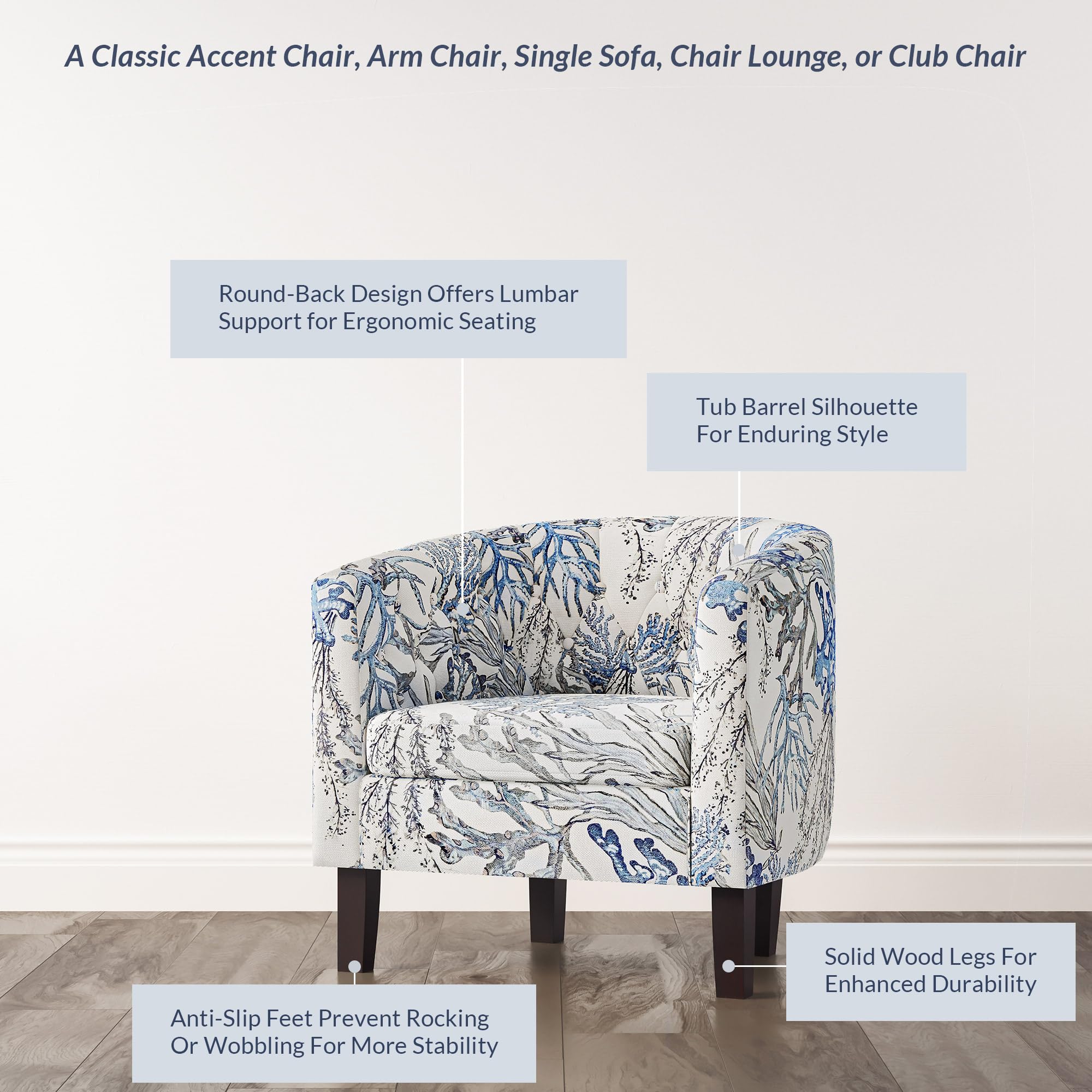 BELLEZE Accent Chairs Set of 2, Elegant Upholstered Tufted Barrel Armchairs with Sturdy Legs - Blue Coral Linen Fabric, Perfect for Living Room, Bedroom & Home Office Decor
