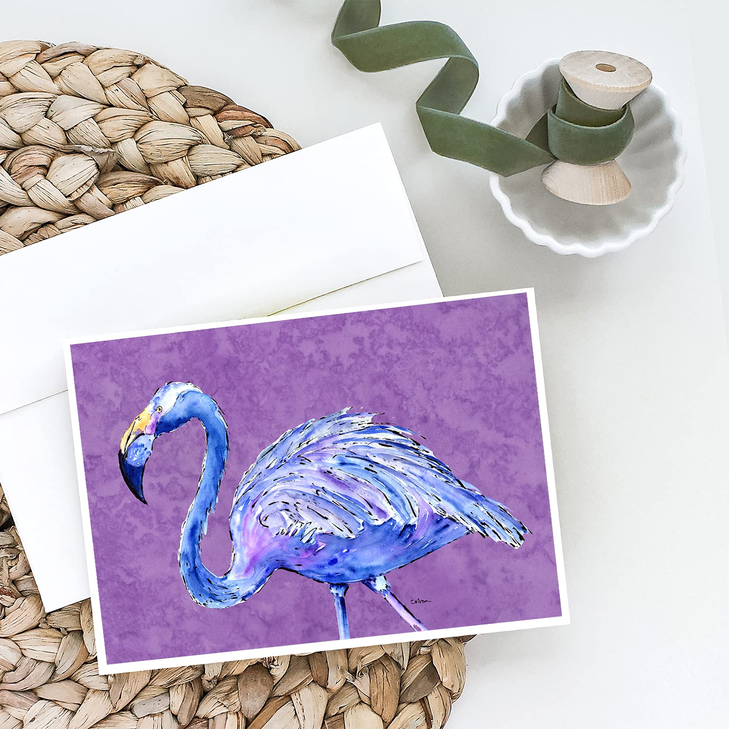 Caroline's Treasures 8874GCA7P Whimsical Flamingo on Purple Blank Greeting Cards - Pack of 8 A7 Size (5x7) Note Cards with Envelopes - Perfect for Birthdays, Thank You Notes & Special Occasions