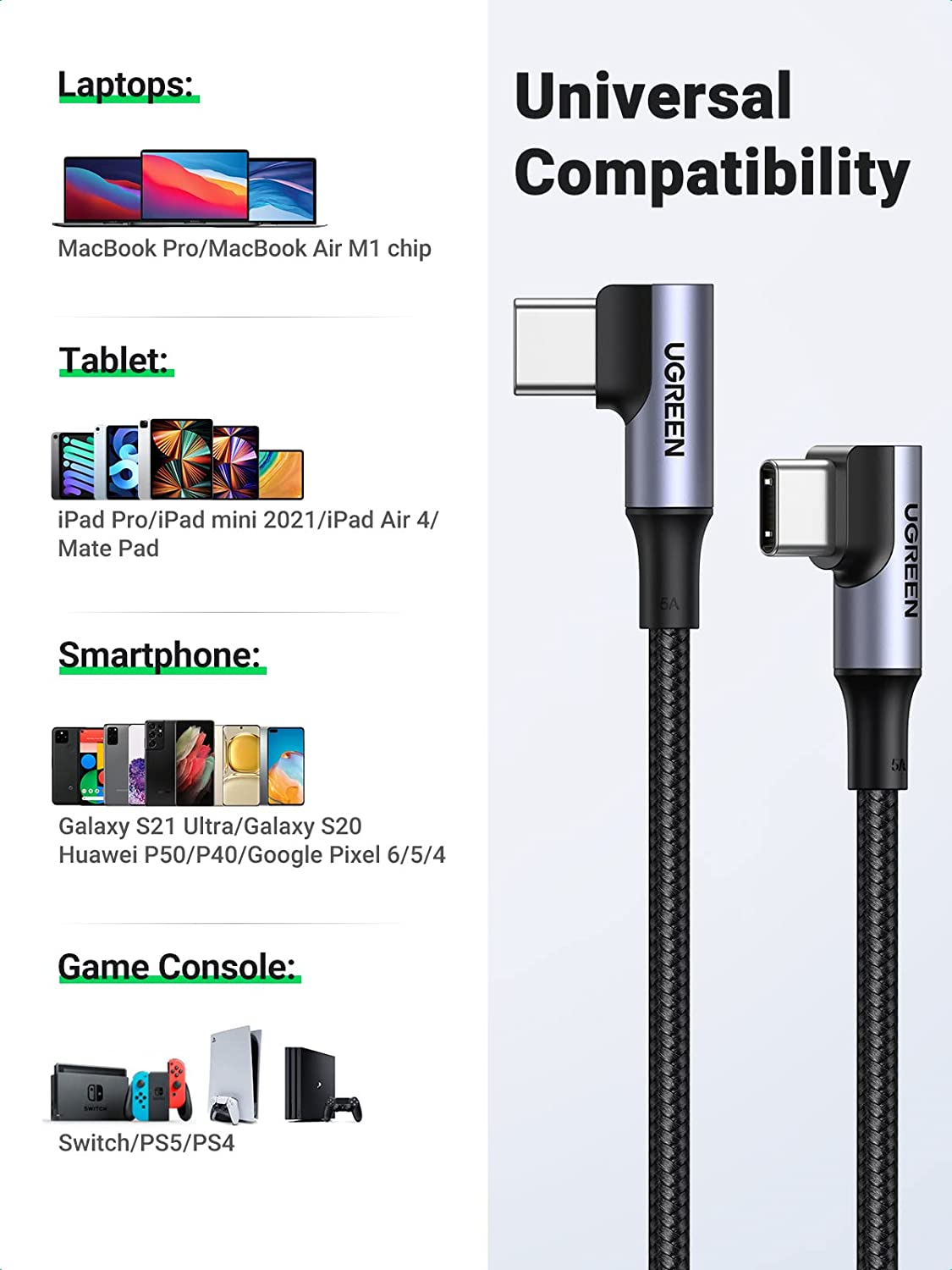UGREEN 100W USB C Right Angle Charging Cable - Fast Charging, Durable Nylon Braided, Compatible with MacBook, iPad, Samsung - Perfect for Home, Office & Travel Charging