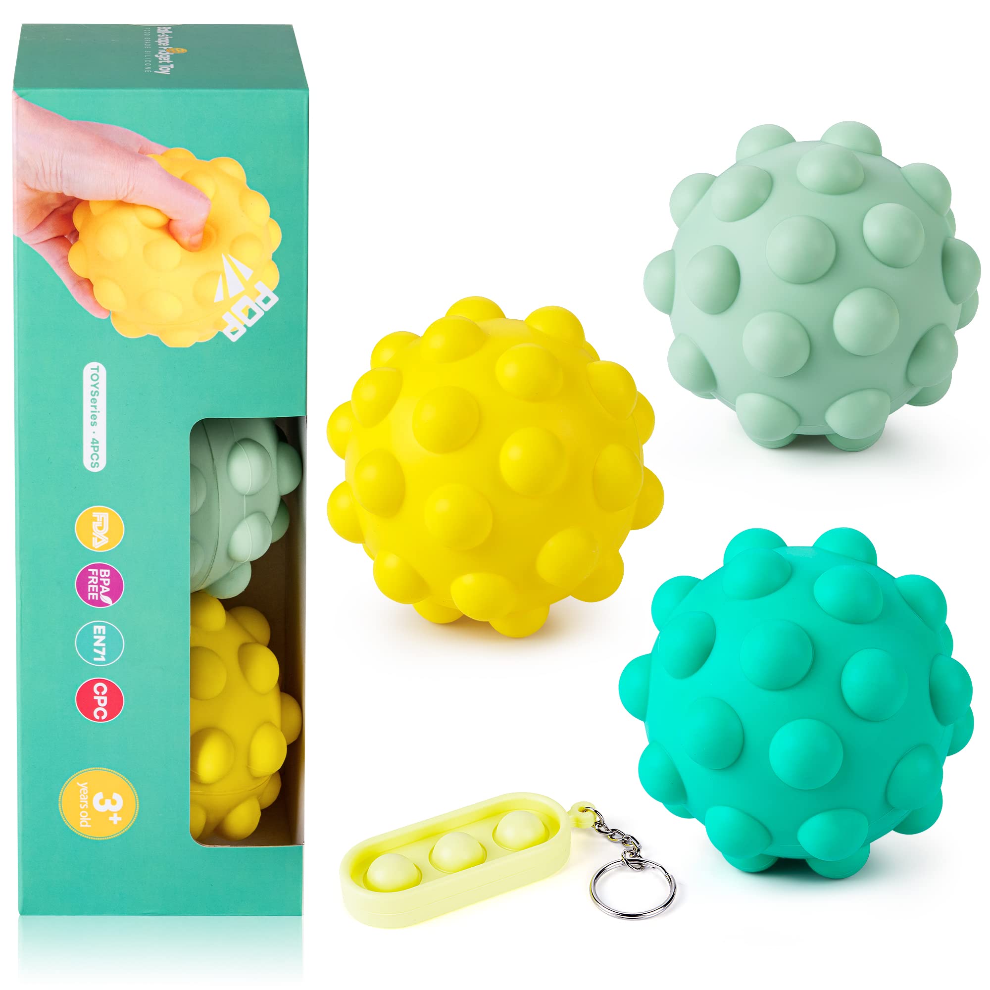 4 PCS Pop It Fidget Toys Set with Ball and Keychain - Stress Relief & Anti-Anxiety Sensory Toys for Adults, Kids, Teens - Fun Brain Training Popper Game for Boys & Girls - Perfect Gift for Home, Office, School, and Travel Use