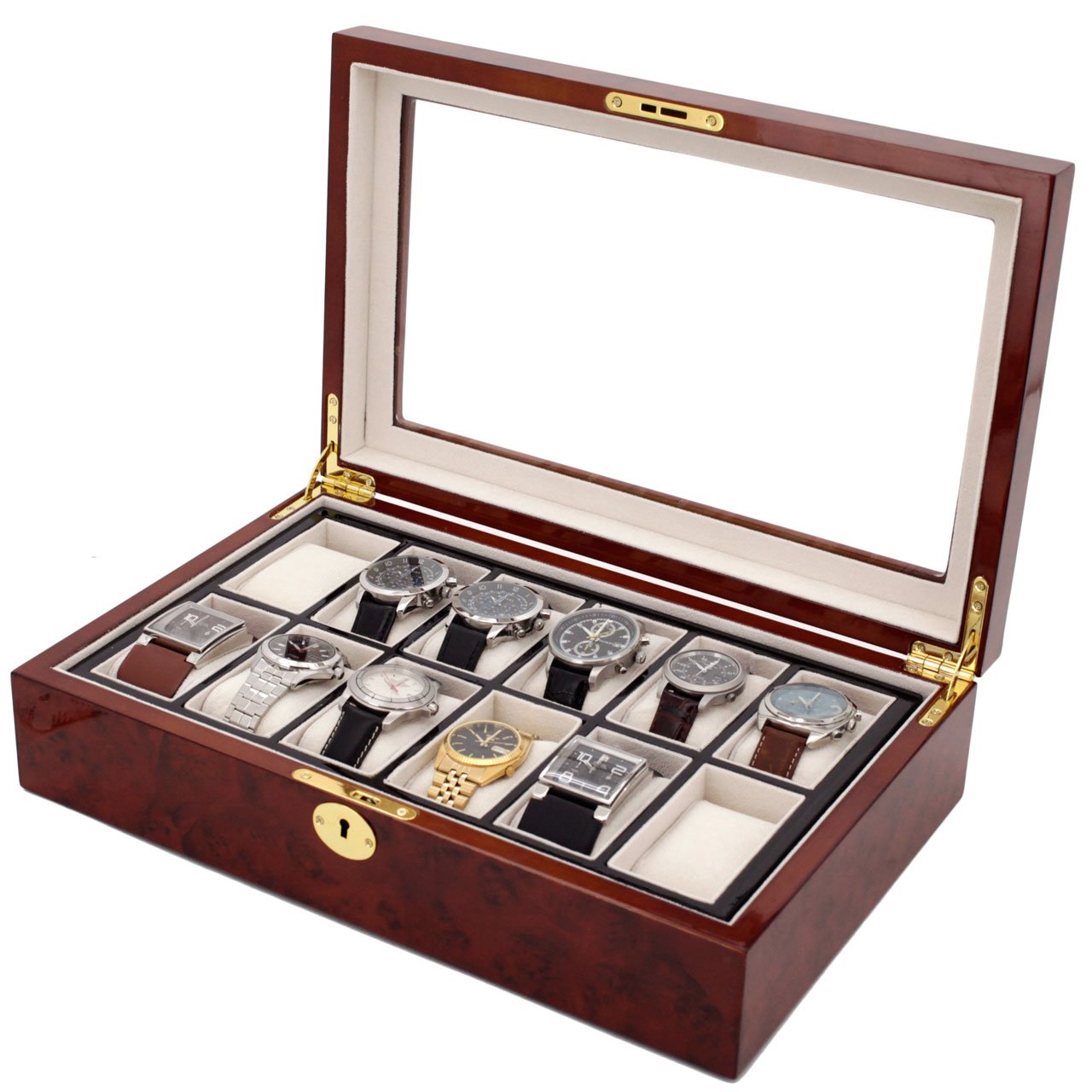 12 Slot Luxury Watch Box with Burlwood Finish & Glass Display Window - Premium Watch Organizer with Removable Tray & Locking Key - Perfect for Watch Collectors & Gift Giving