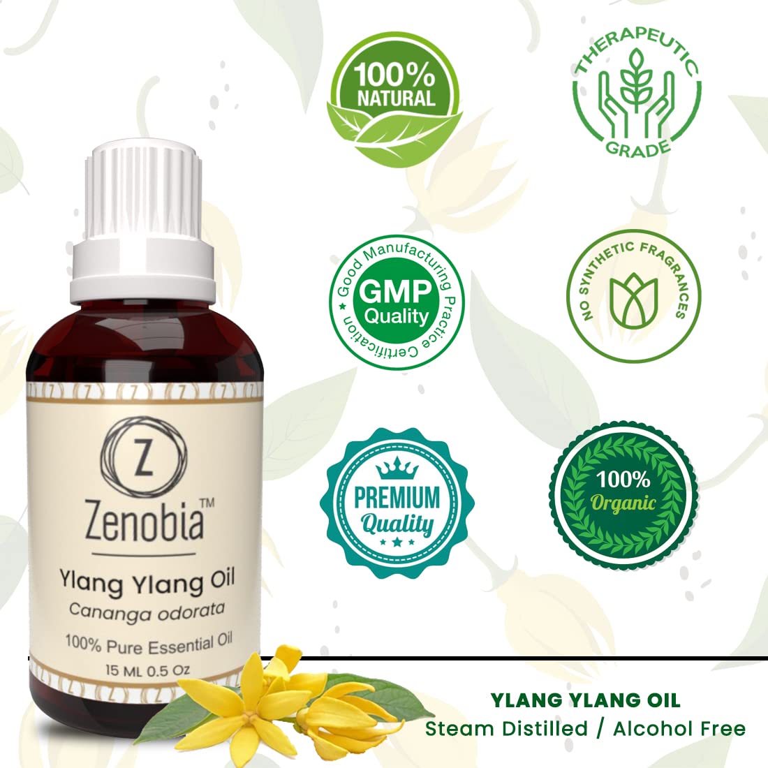 Zenobia Ylang Ylang Essential Oil - 100% Pure Natural Therapeutic Grade for Hair Growth, Beard Care, Skin Moisturizer & Aromatherapy - 15ml - Perfect for DIY Beauty, Massage & Relaxation at Home