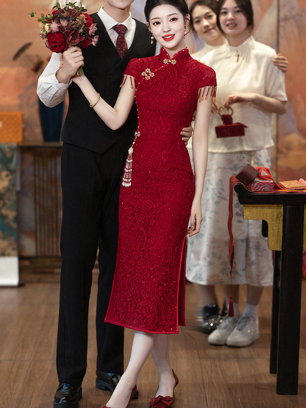 Elegant Red Sequined Lace Midi Wedding Cheongsam Qipao Dress for Bride, Vintage Chinese Style Evening Gown - Perfect for Wedding Ceremony, Bridal Shower, and Special Occasions