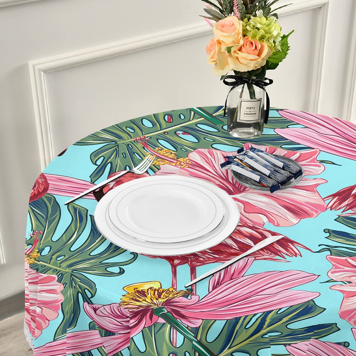 60 Inch Round Waterproof Tablecloth - Pink Flamingo & Tropical Flowers on Blue Background | Durable Outdoor Table Cover for Wedding, Party, Dining Room & Patio Decor